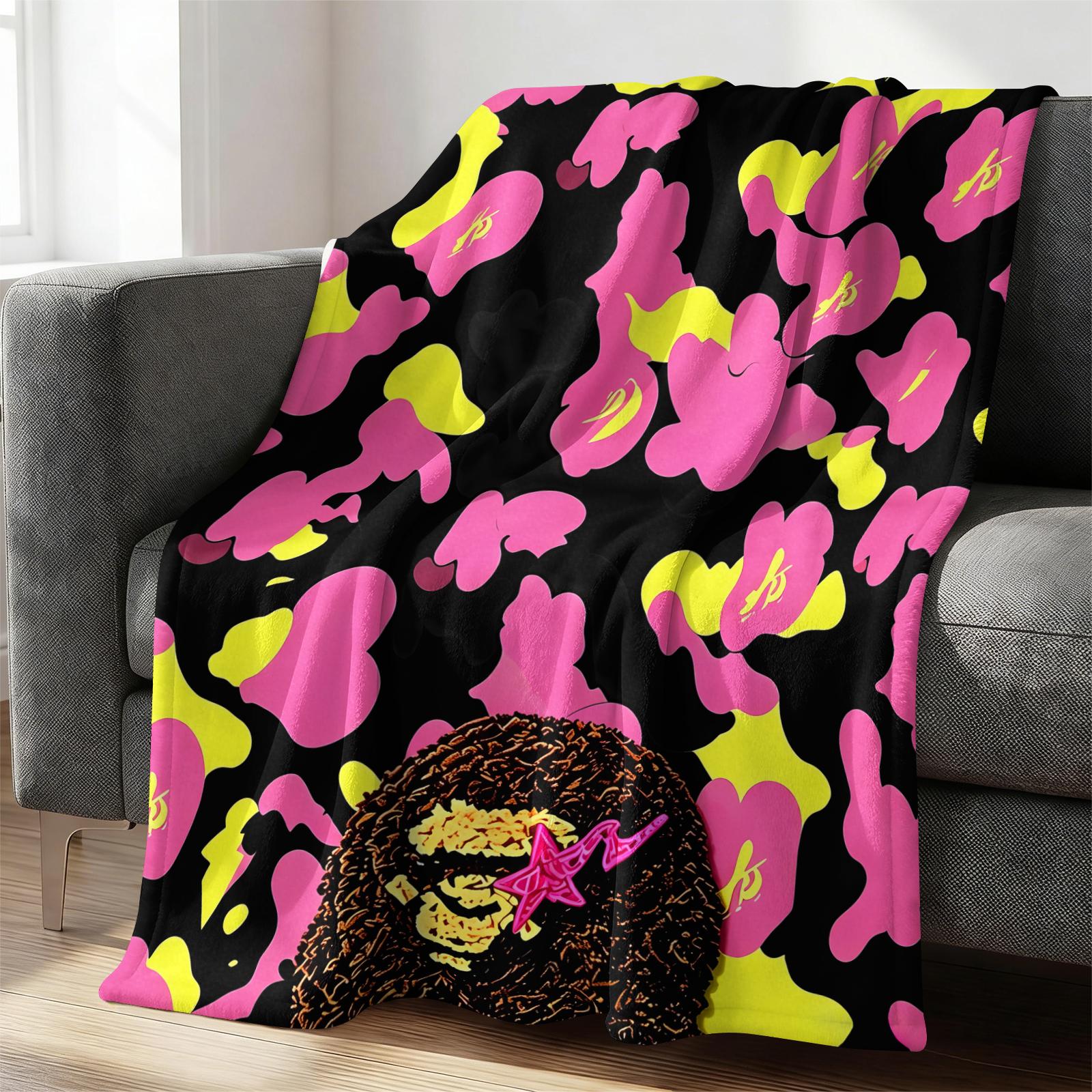 All Season Flannel Blanket, Purple Camouflage Street Cartoon Graphic Fleece Throw Blanket, Monkey Head With Red Star Pattern Warm Nap Blanket, Portable Travel Home Decor Blanket
