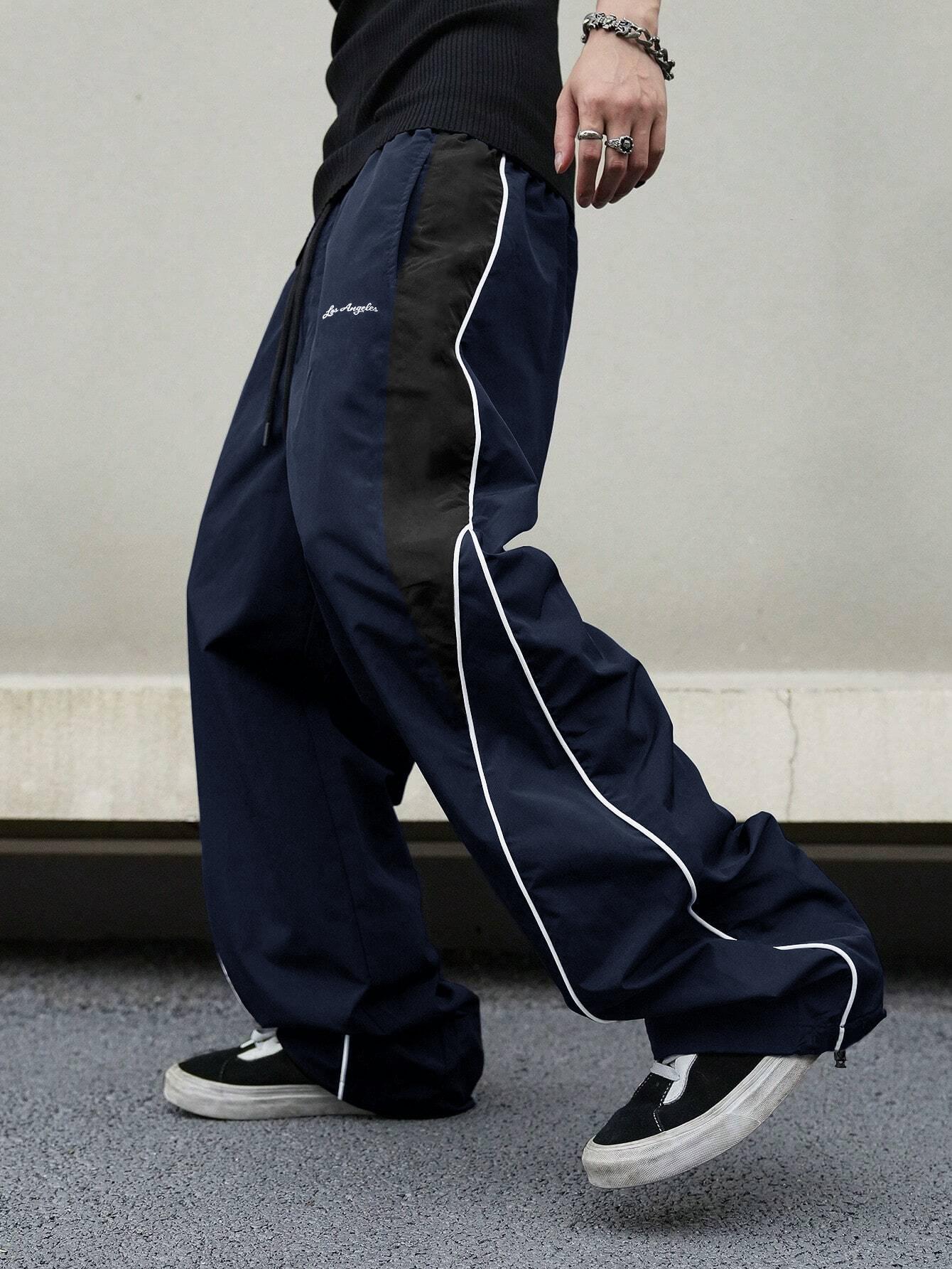 Men's Oversize Baggy Track Pants - Y2K Menswear Streetwear Stylish Loose Windbreaker Pants, Elastic Waist Drawstring Athletic Sportswear Casual Wide Leg Joggers for Everyday Street Use