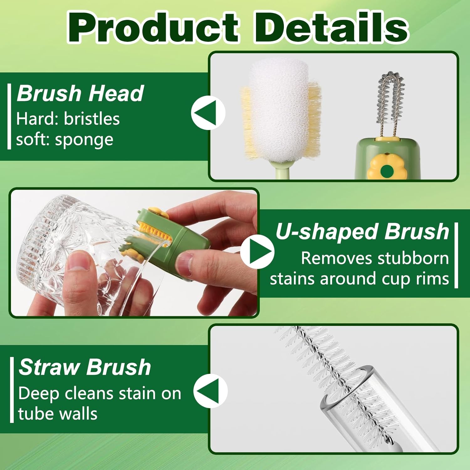 5-in-1 Bottle & Straw Cleaning Brush – Baby Bottle Brush Cleaner,Multifunctional Tool for Bottles, Cups, Straws (Cream White/Jasmine Green)