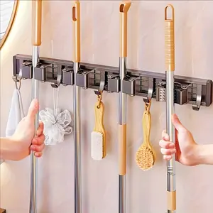 1/6 high-quality plastic mop and broom wall-mounted holders with adjustable hooks, 1 piece wall-mounted storage rack suitable for home, kitchen, garden, laundry room and garage - painted, space-saving mop holder, broom holder and tool holder, storage rack