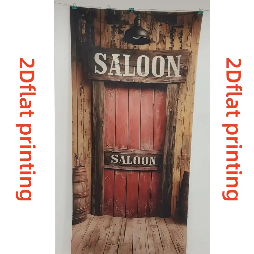 2D Flat Banner 1pc Western Cowboy Bar Sign Curtain, Vintage Wooden Door Decor, Retro Pub Theme Party Decoration, Indoor Outdoor Use, Polyester Material
