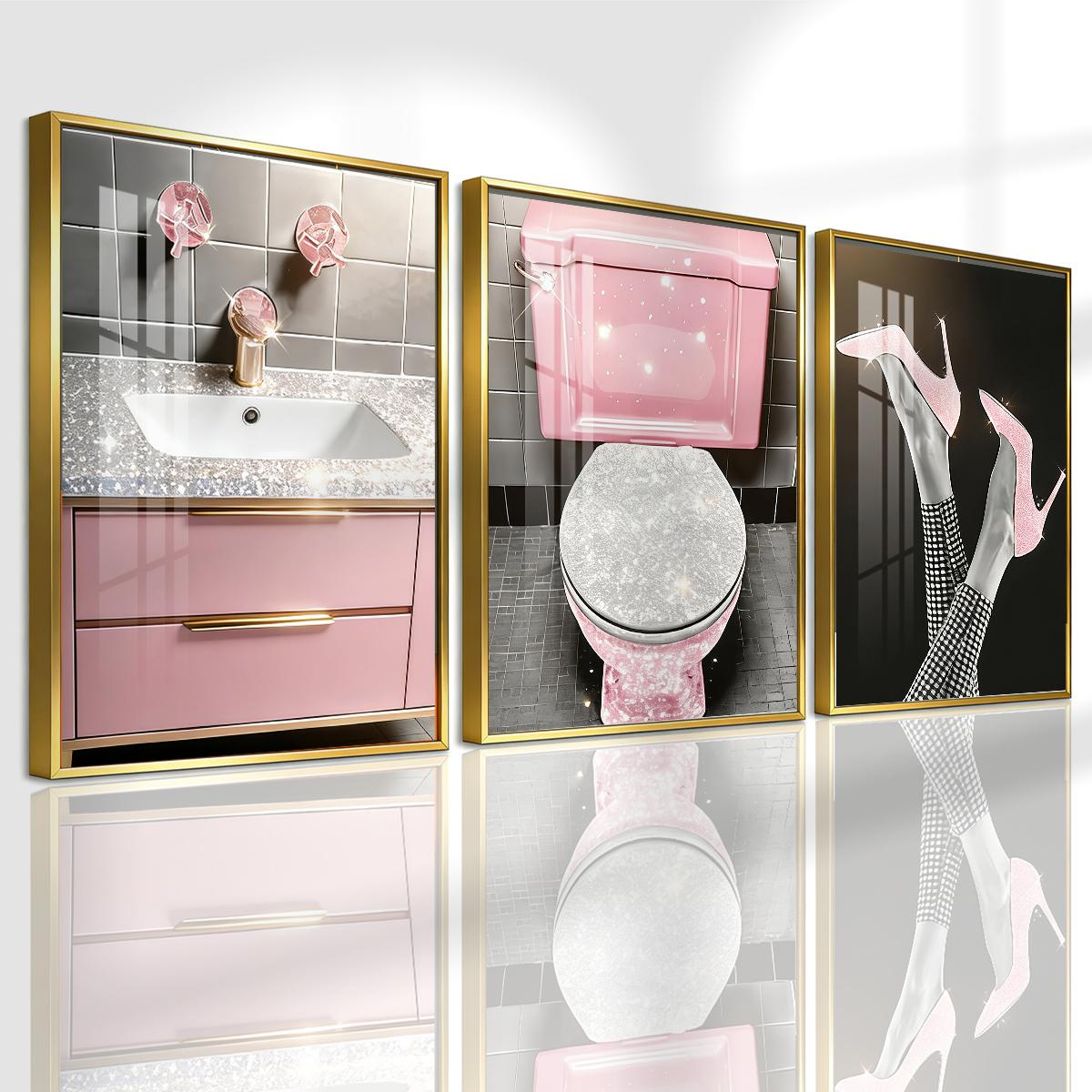 3 Counts Aluminum Alloy Framed Painting, Pink Glam Bathroom And High Heels Art Pictures, Home Decoration For Living Room, Bedroom, Office, Restaurant, Hallway Wall Decor, Odorless Print Artwork, Luxury Perfect Gift For Friends And Family