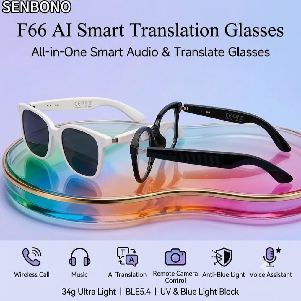SENBONO Smart Glasses, Wireless Glasses, Polarized Bluetooth Sunglasses with Microphone & Speaker, UV Protection, Auto Pairing, AI Translation, Voice Assistant