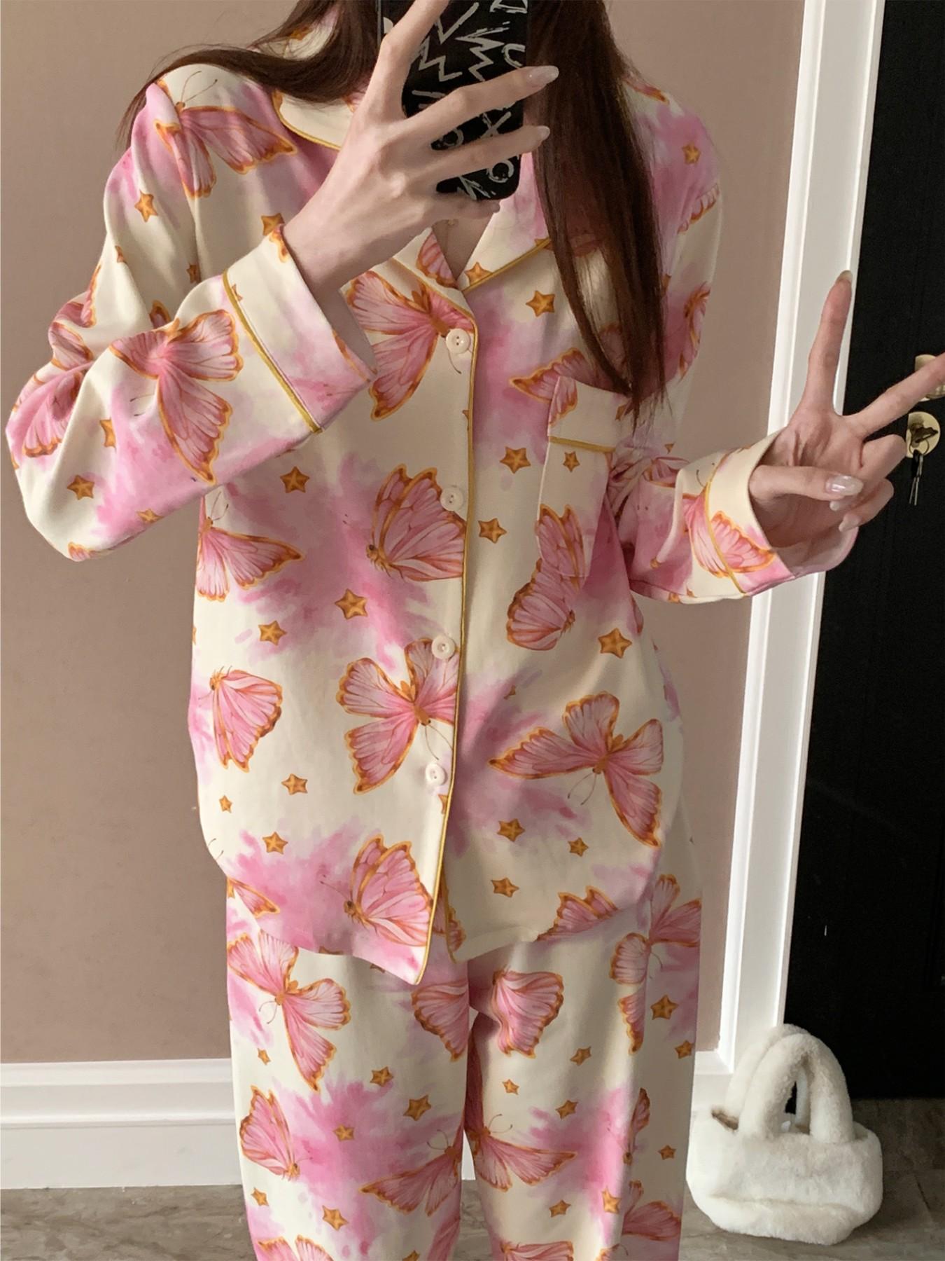 Elegant Open Front Sleepwear for Women, Comfortable Nightwear, Butterfly Print, Long Sleeve Fashion Pajamas, Pajama Set, Spring & Fall