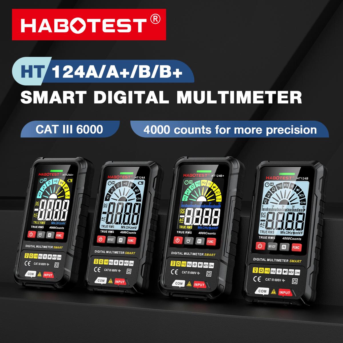HABOTEST HT124B+ Smart Digital Multimeter 2.5-inch Color LCD Screen 600V AC/DC Voltmeter 4000 Counts True RMS Auto Ranging Voltage Meter NCV Live Wire Tester Resistance Capacitance Frequency Hz