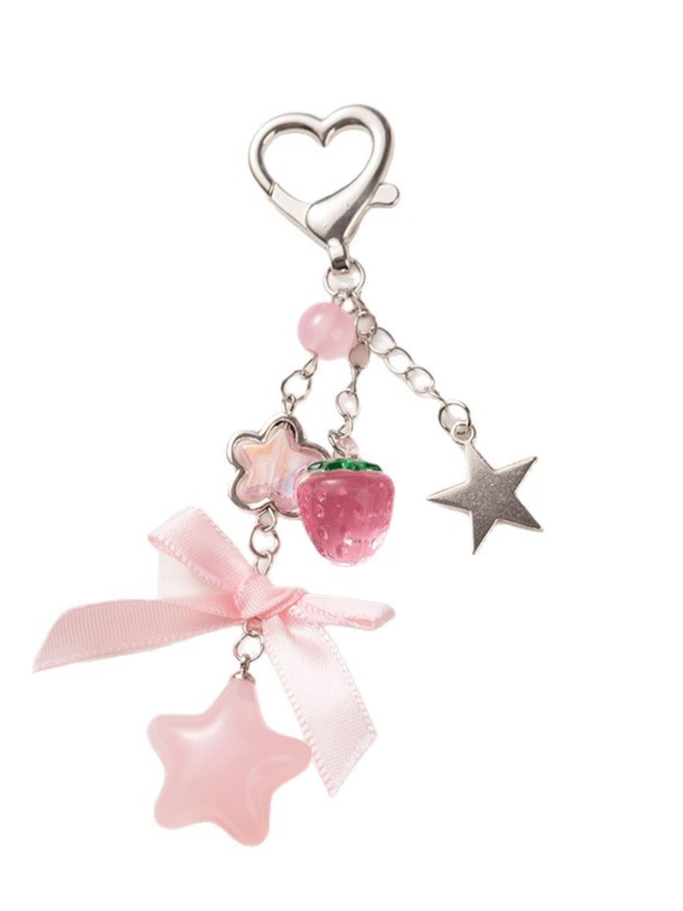 Style Soft Strawberry Star Keychain, Heart Clip + Transparent Strawberry + Matte Star, Bag Charm, Earphone Case Decor, Unique Gift for Friends