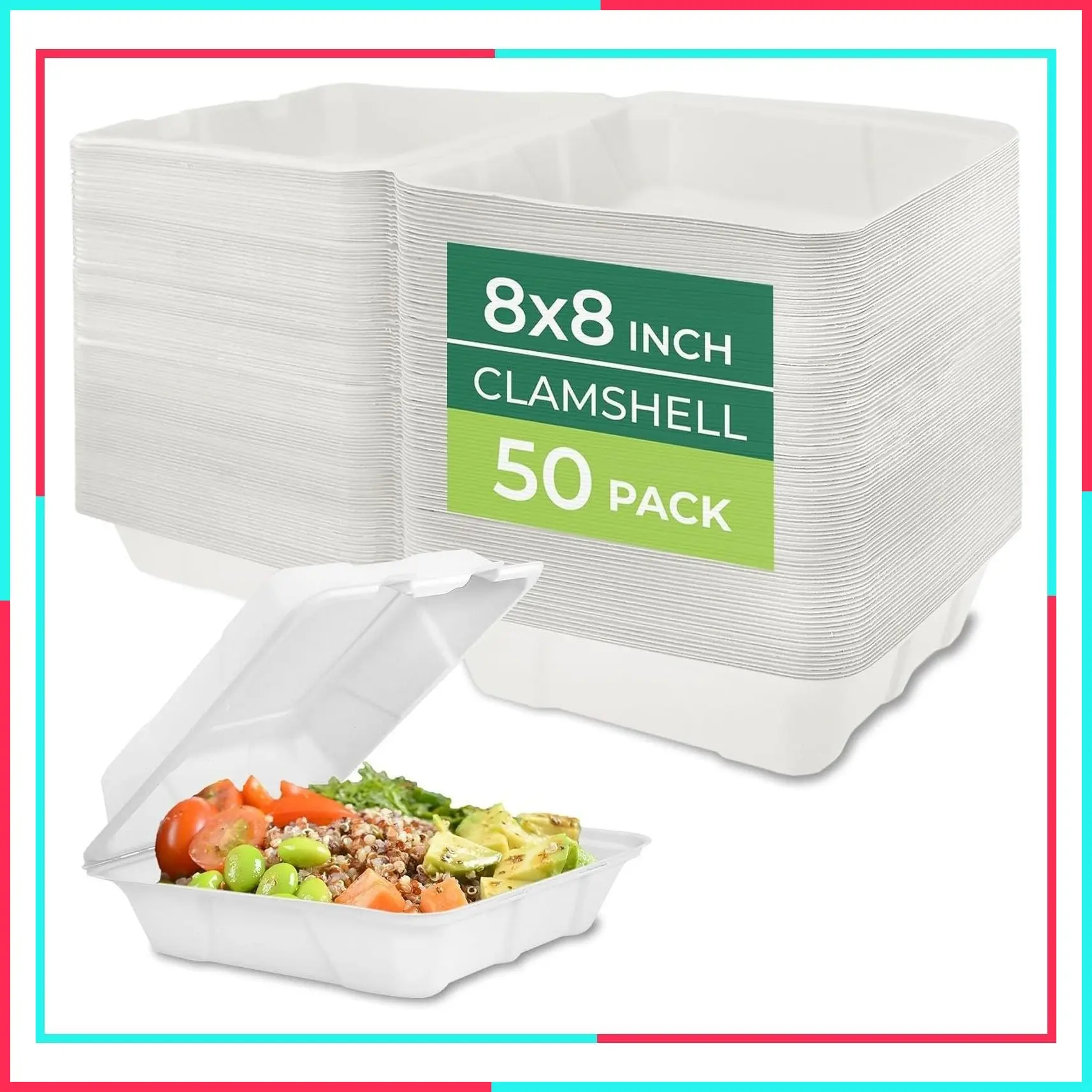 50-Pack 8x8" Compostable Clamshell Food Containers - Heavy Duty Biodegradable Sugarcane To-Go Boxes, Microwave & Freezer Safe, Stackable