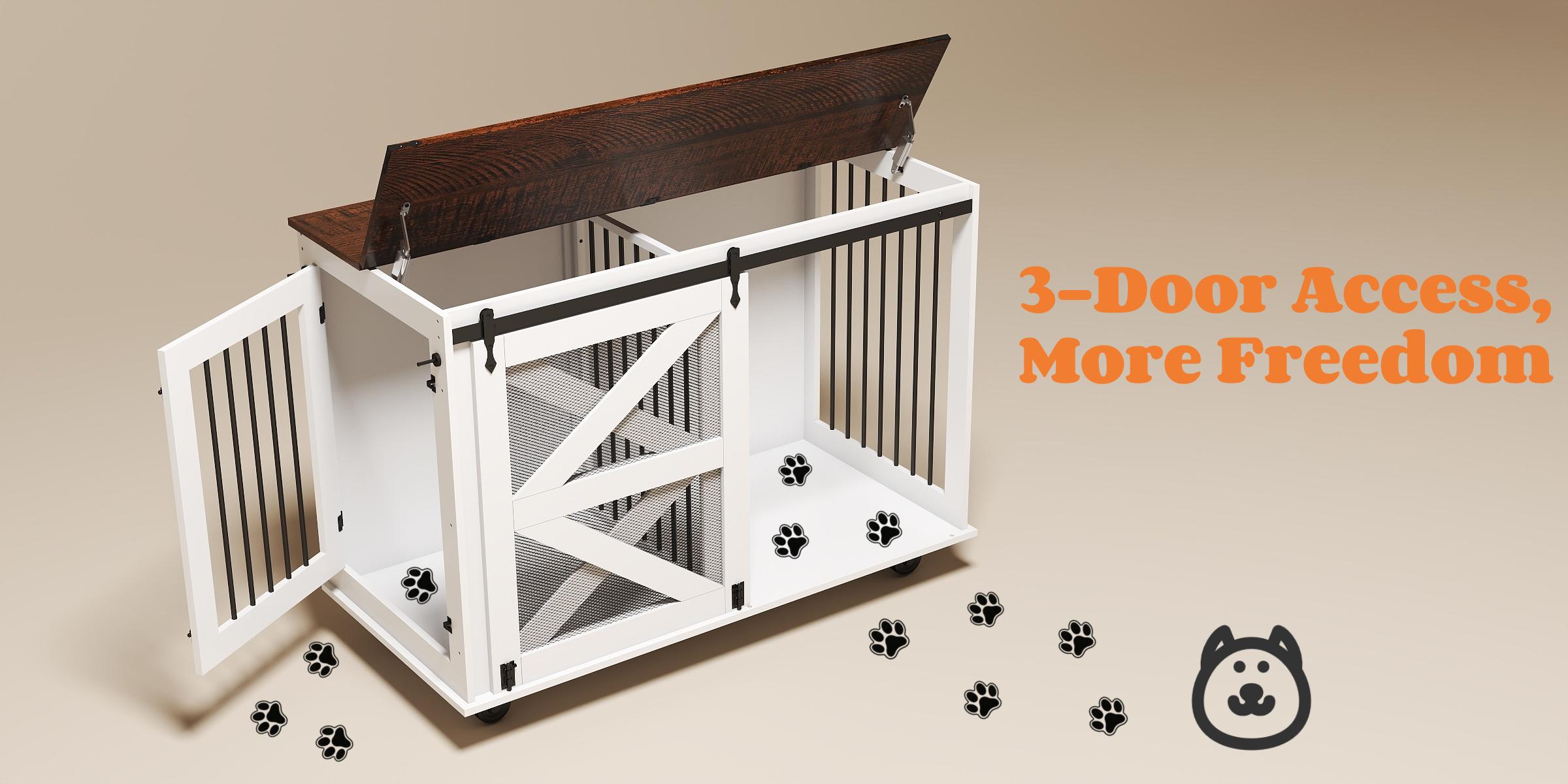 47.2*23.6*34.8 Inch Brown‑White Farmhouse Dog Crate Furniture, Wooden Kennel with Wheels, Removable Divider, Barn Door & Metal Corners for 2 Small Dogs or 1 Large Dog