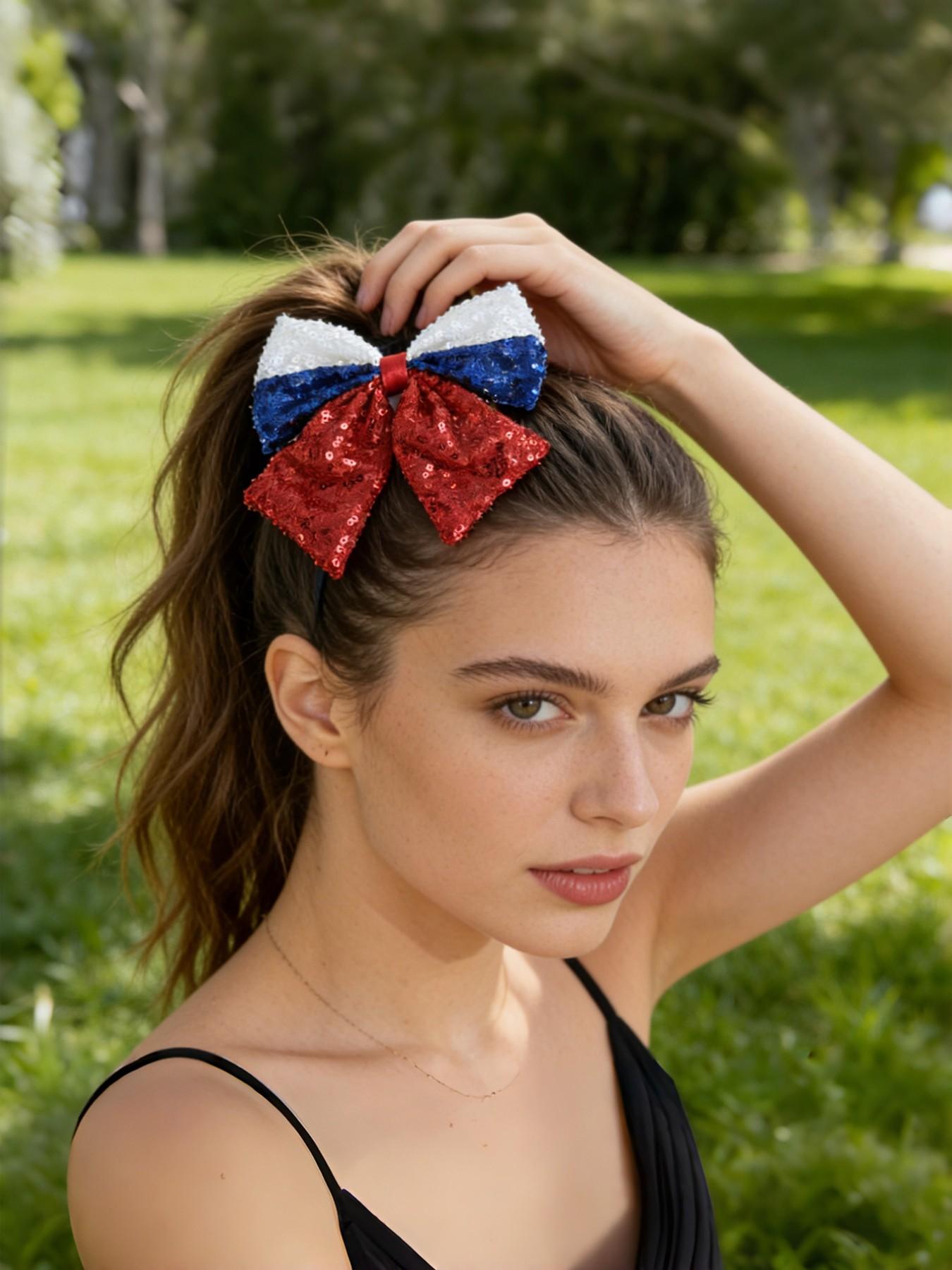 Women's Independence Day Hair Clips Blue Sequins Bow Patriotic Theme Party Headwear, 2pcs Ladies Hair Accessories