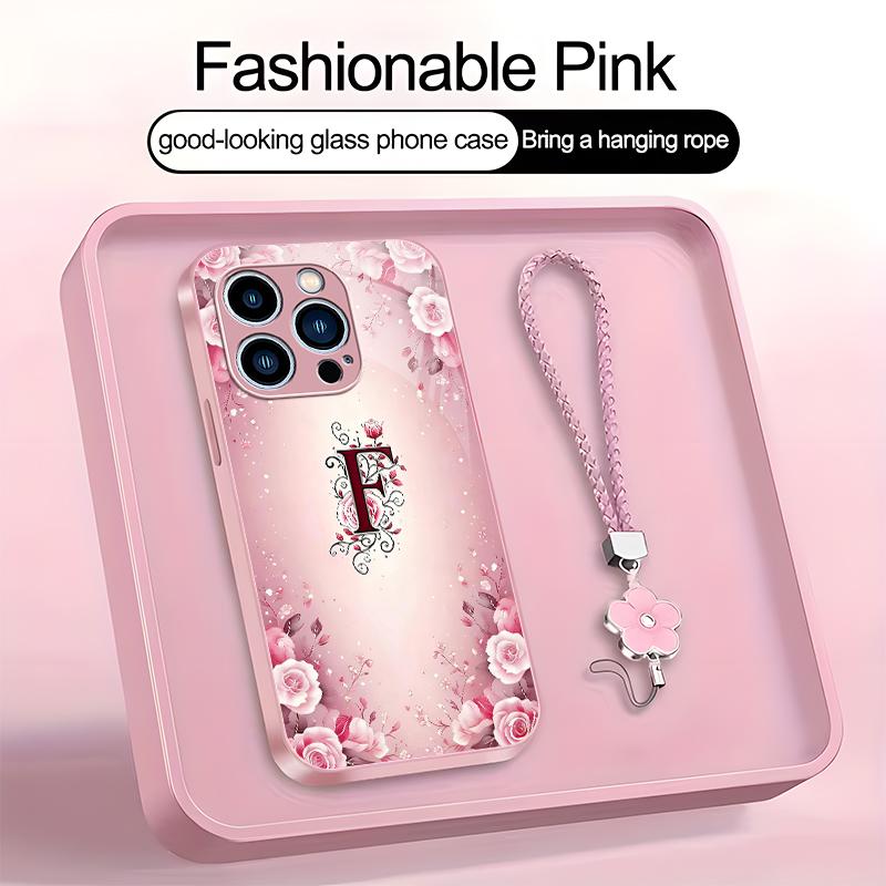 Suitable for [iPhone 14 Pro Max] high-end women's phone case🤩，a beautiful four-leaf clover lanyard is included🍀，a free four-leaf clover lanyard is included, with 26 letters of the alphabet to choose from and  exquisite Rose flower patterns 952