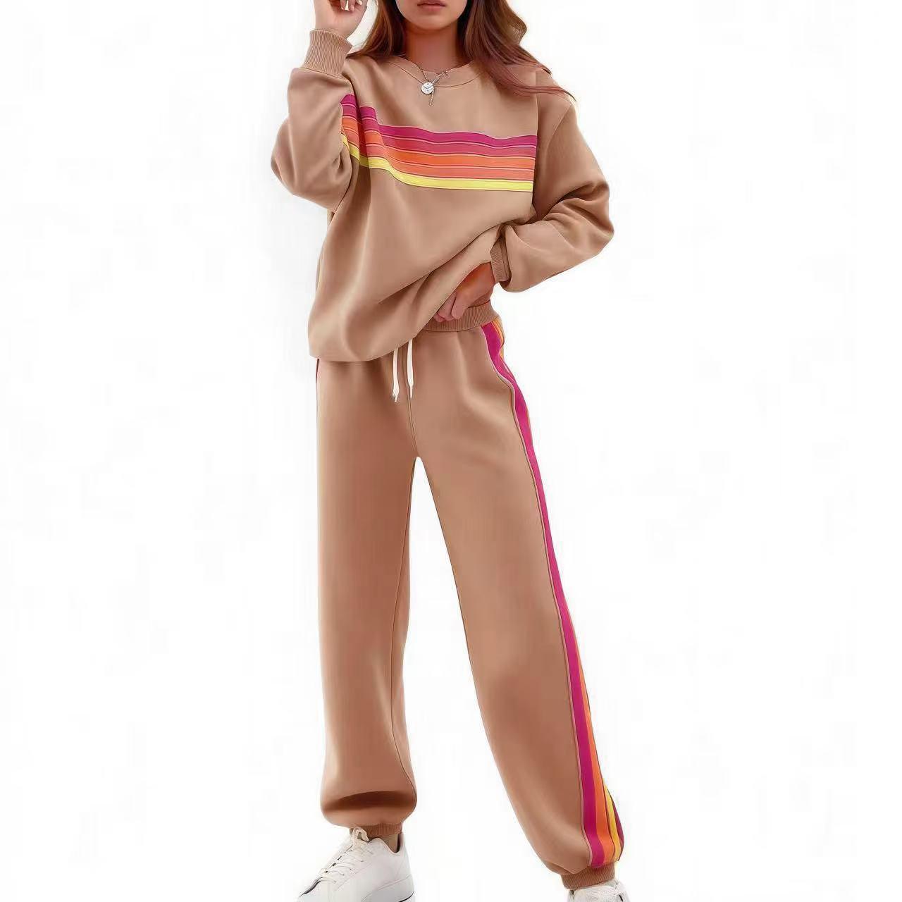 Women's 2-Piece Casual Street Chic Set - Long Sleeve Round Neck Sweater, Color Bar Loose Elastic Waist Pants, 2 Piece Pants Set Women, Loose-Fit