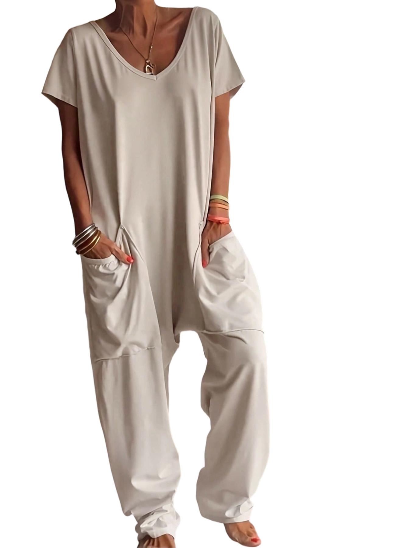 2026 Women's Casual Jumpsuit, Womenswear Short-Sleeve V-Neck Harem Pants, Loose Fit Wide Leg, Perfect for All Seasons, Stylish & Comfortable
