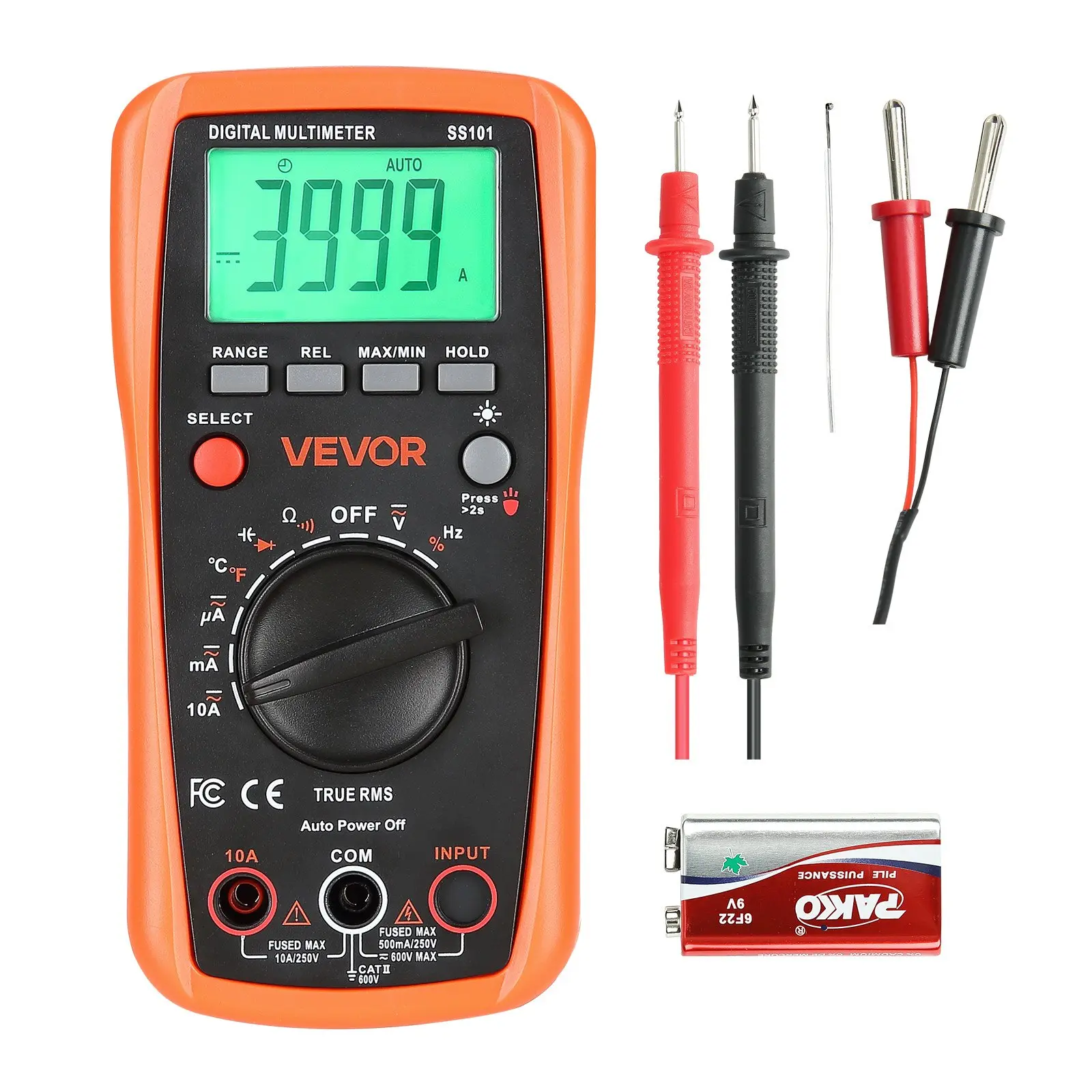 VEVOR SS101 Model Handheld Digital Multimeter, 4000-Count TRMS DC/AC Voltmeter Current Tester with Plastic Body, Auto-Ranging Tool for General Circuits, Voltage, Resistance, Capacitance, Temperature, Diodes, Continuity, Duty-Cycle Measurements (mm/in)