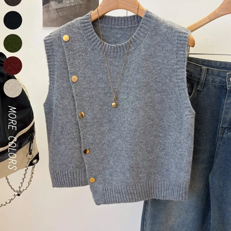【Black Friday】Women's Solid Color Round Neck Decorative Button Knit Vest, Casual Stylish Loose-Fit Sleeveless Top for Spring and Fall, Knitwear for Women