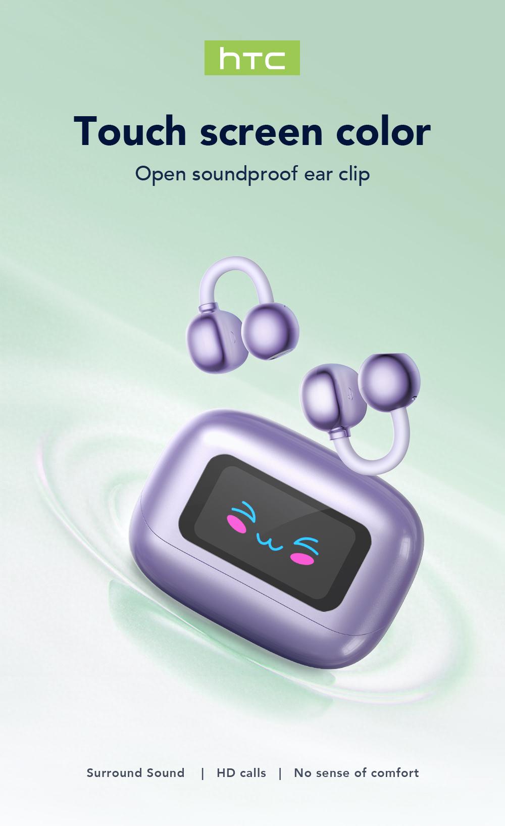 HTC NE54 Clip-On Ear Headphones Bluetooth 6.0 Full Color Touch Screen Wireless Audio Headphones IPX5 Waterproof Sports Headsets Noise Reduction Built-in Microphone for Music & Phone Calls