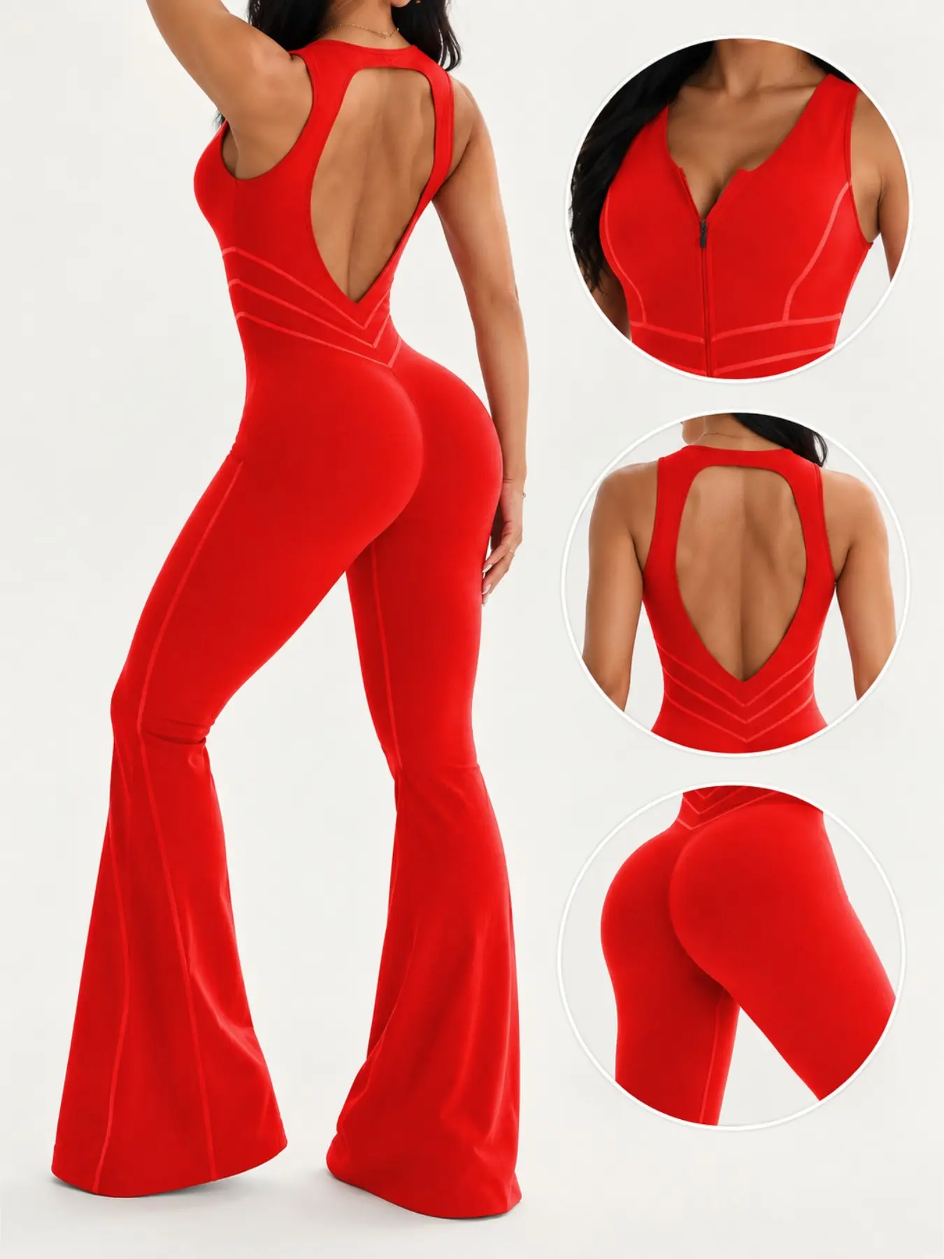 Women New Sleeveless Front Zipper Backless Flare Yoga Jumpsuit, Seamless Sculpt Tummy Control Butt Lifting Workout Bodysuit, 4-Way Stretch Soft Active One Piece for Gym, Pilates & Daily Casual Wear