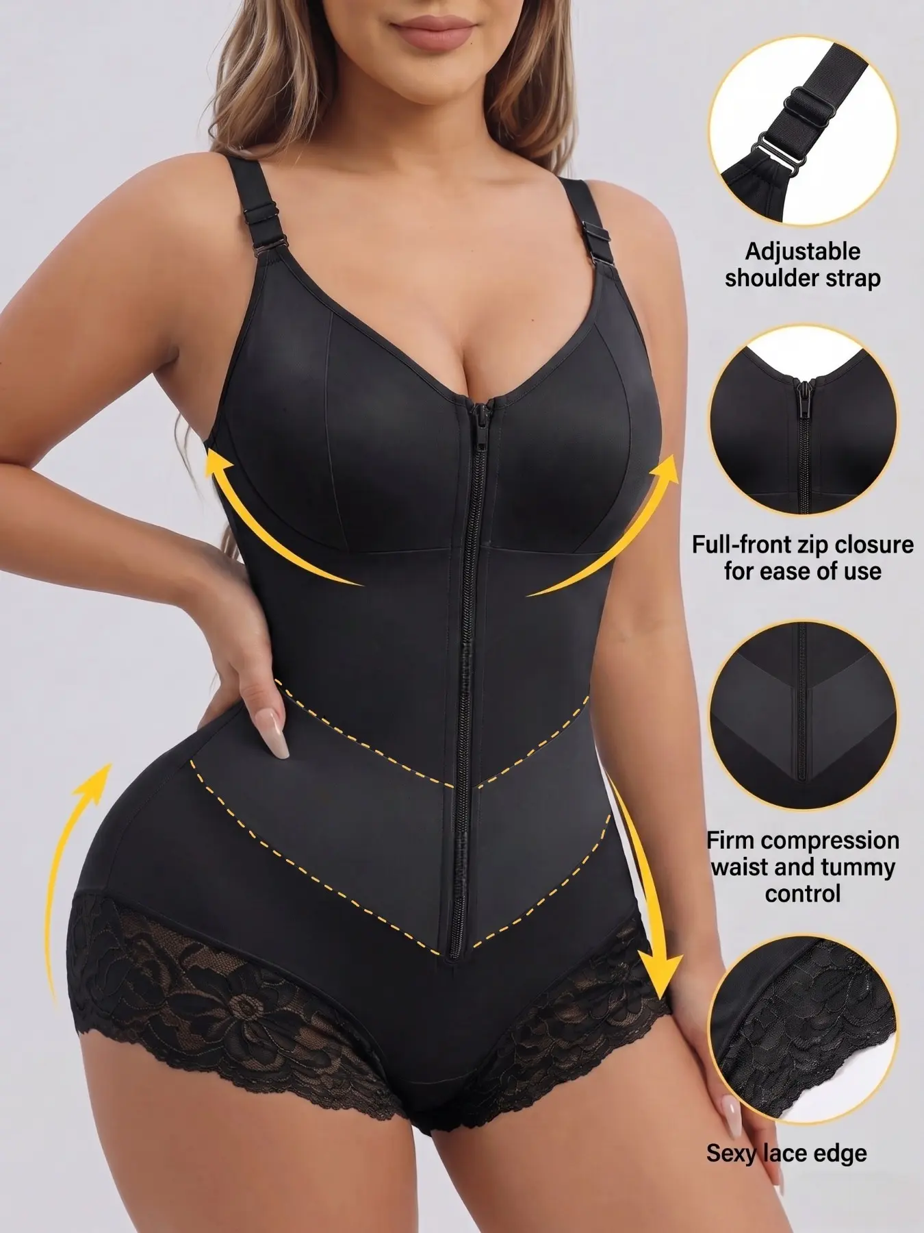 1 Count Women's Adjustable Shoulder Strap Bodysuit, Compression Bodysuit, Colombian Shapewear, Fajas, V-Shaper Belt Bodysuit, Front Zipper & Inner Hooks Jumpsuit, Butt Lifting And Tummy Control Shapewear, All-Day Comfort, Home Relaxation & Daily Errands