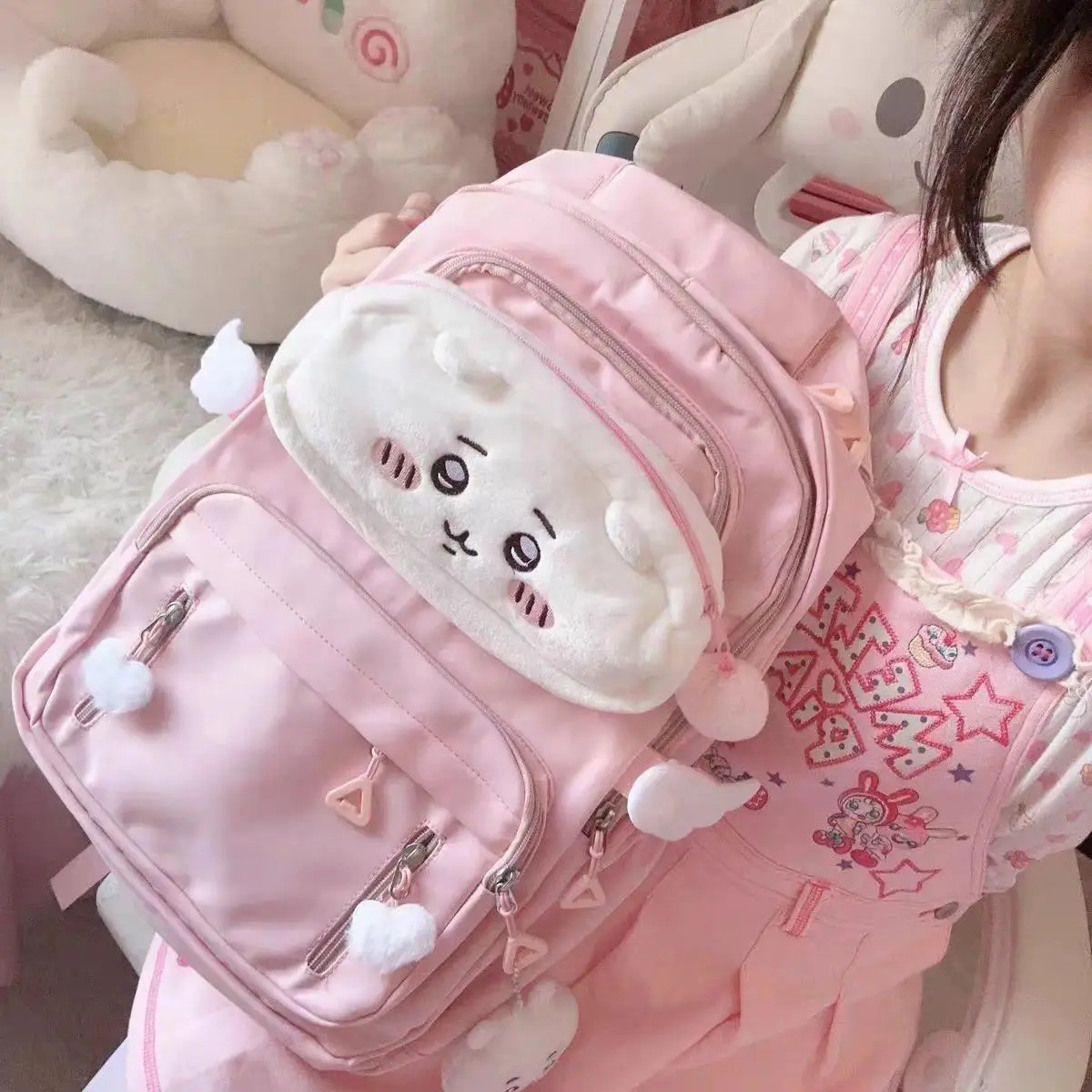 kawaii Chiikawa Backpack Cartoon Cute Pink Schoolbag for Girls College Students Large Capacity Style good-looking Backpack