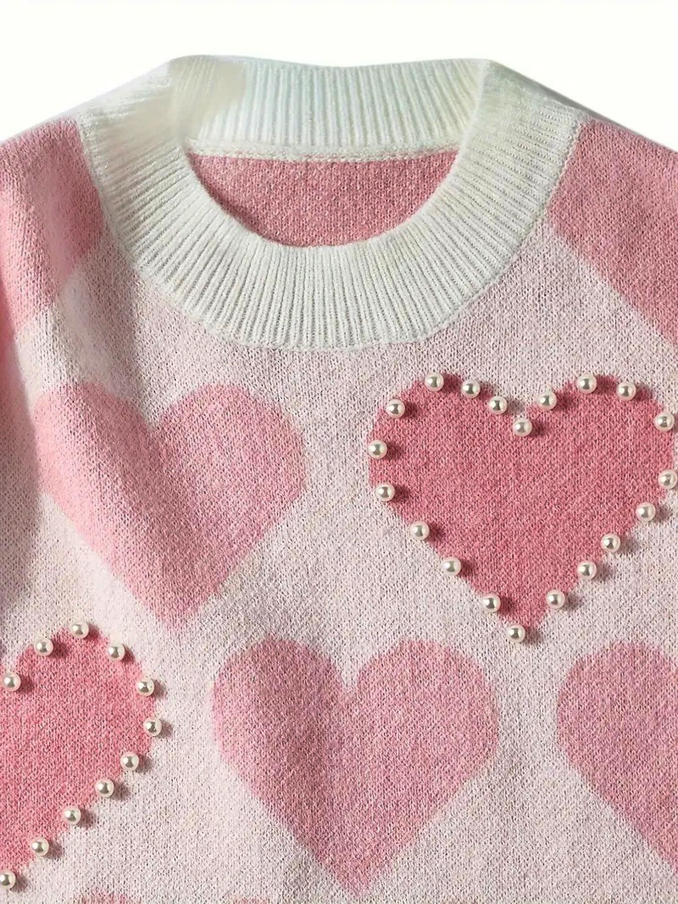 Women's Heart Beaded Sweater Knitwear, Loose Fit Soft Knit Pullover, Elegant Round Neck Jumper for Fall & Winter, Unique Design Casual Wear