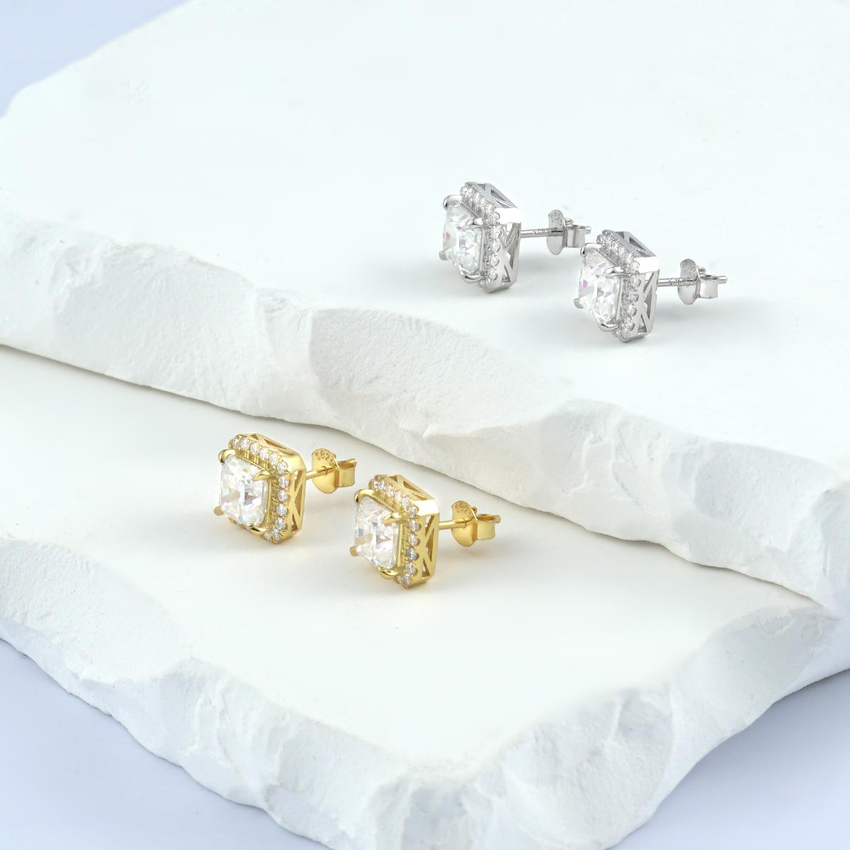 Delzzad S925 Radiant Cut VVS Synthetic Moissanite Stud Earrings Daily Costume Jewelry Accessories Perfect Birthday Anniversary Gift for Women Wedding Set