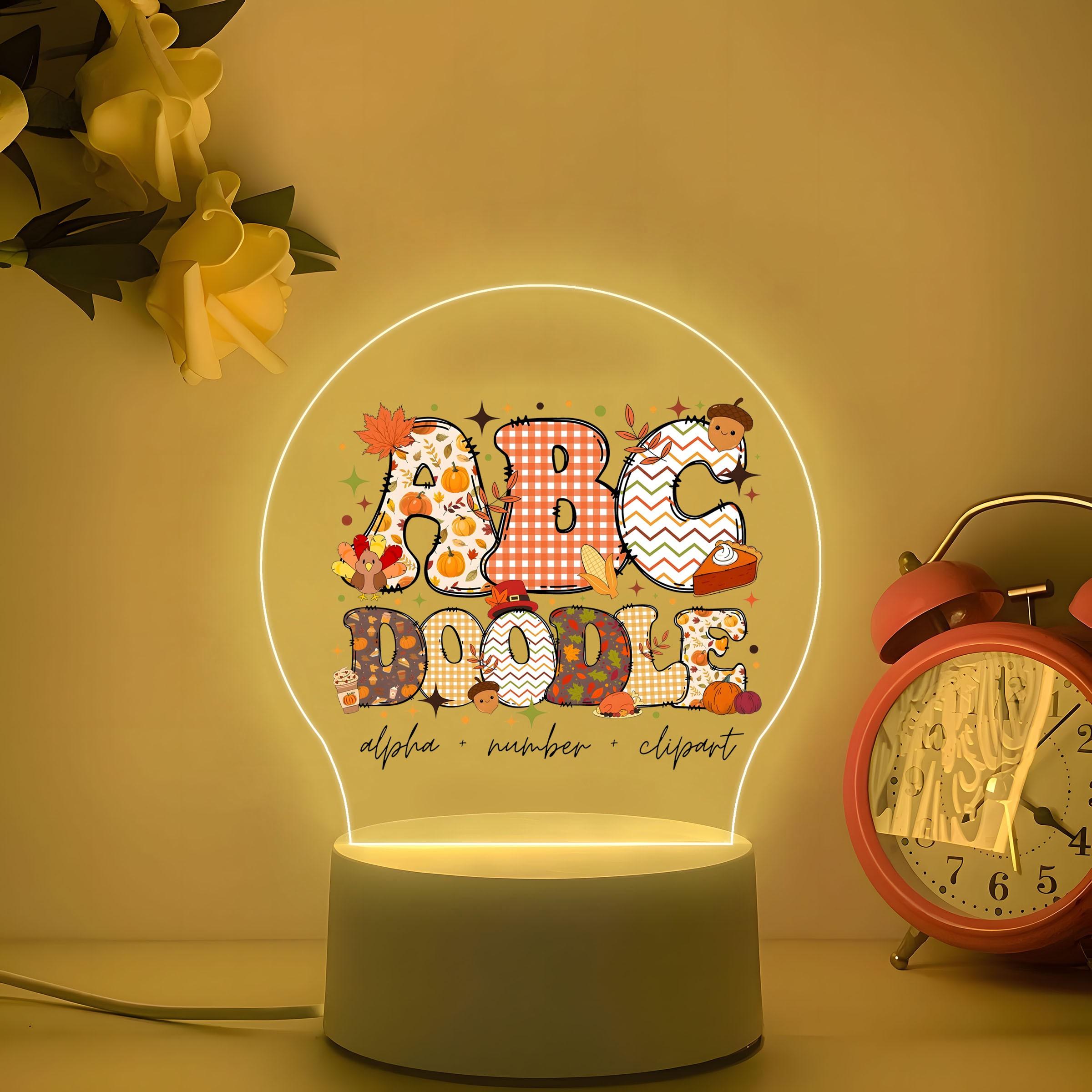 Acrylic Night Light with Thanksgiving Elements, Soft Warm Glow, Cartoon Hand-Drawn Style, Ideal for Kids' Room, Early Education, Gift