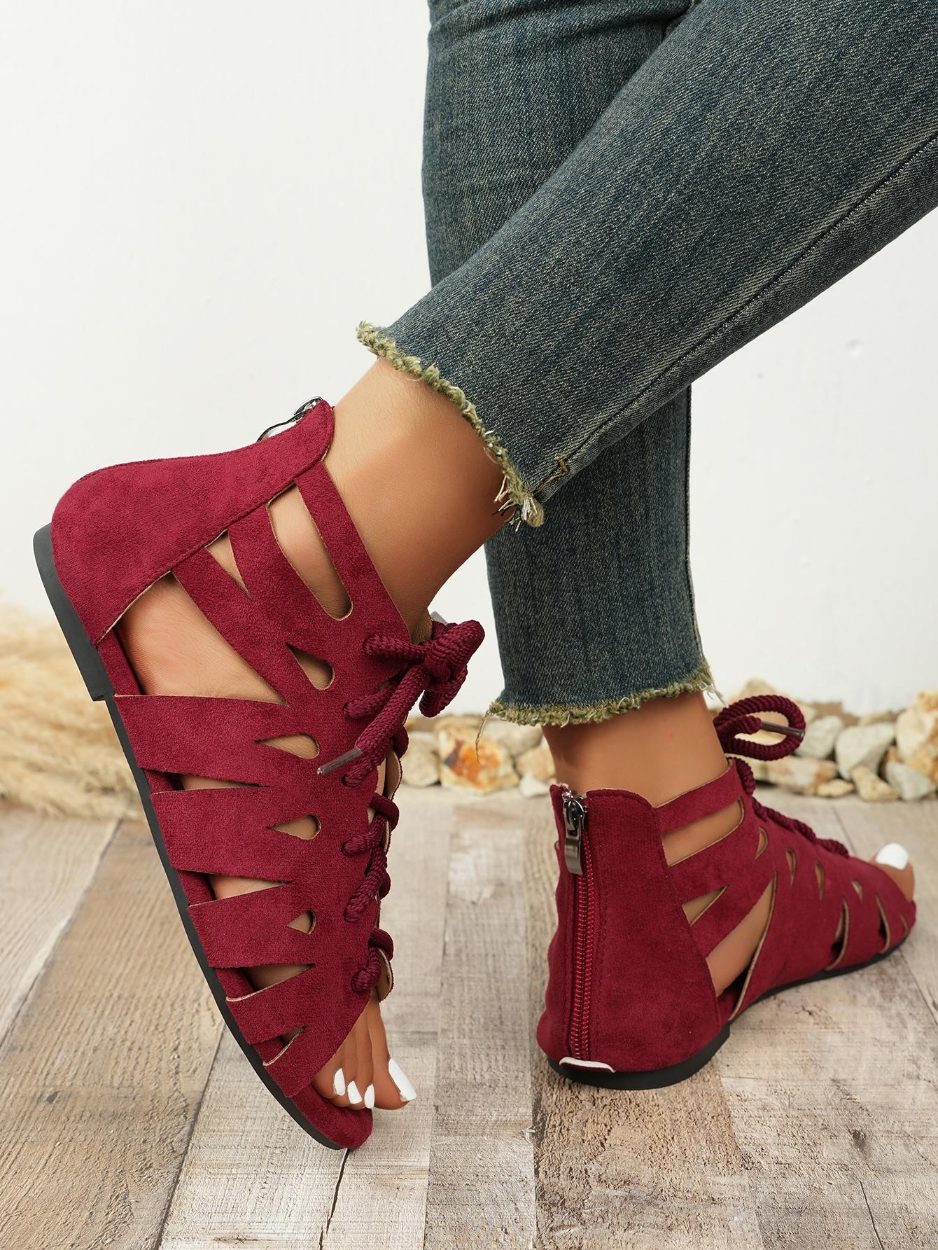 Cutout Lace-Up Gladiator Sandals for Women, Summer Open Toe Flat Sandals, Vintage Boho Versatile Beach Shoes