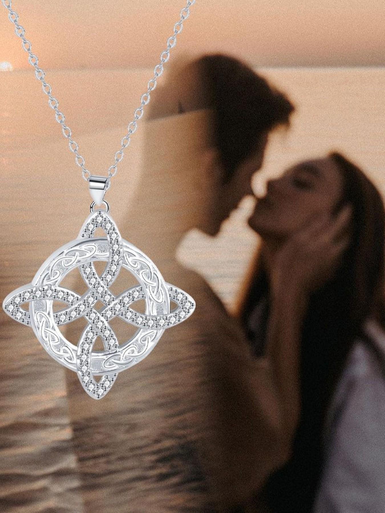 Classic Witch's Knot Necklace — A Luxurious Gold/Silver-Tone White Crystal Necklace for Women, Featuring a Zircon-Inlaid Trinity Knot. A Symbol of Good Luck, This CZ Pendant Serves as a Witchcraft Talisman and Protective Wiccan Jewelry.