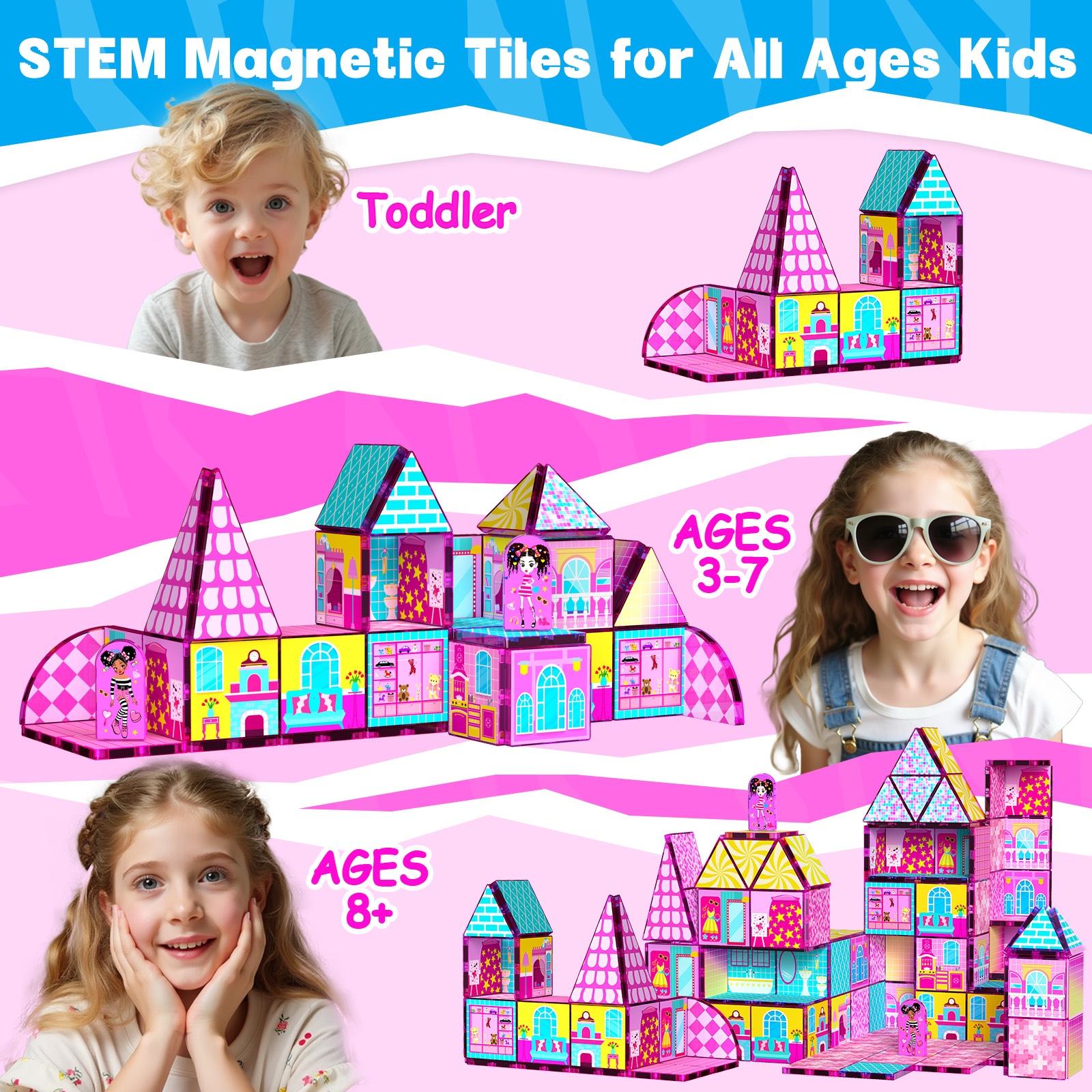 Magnetic Tiles Set, Castle Building Blocks, Stem Educational Toy for Kids, Ages 3-8, Birthday Gift for Boys and Girls