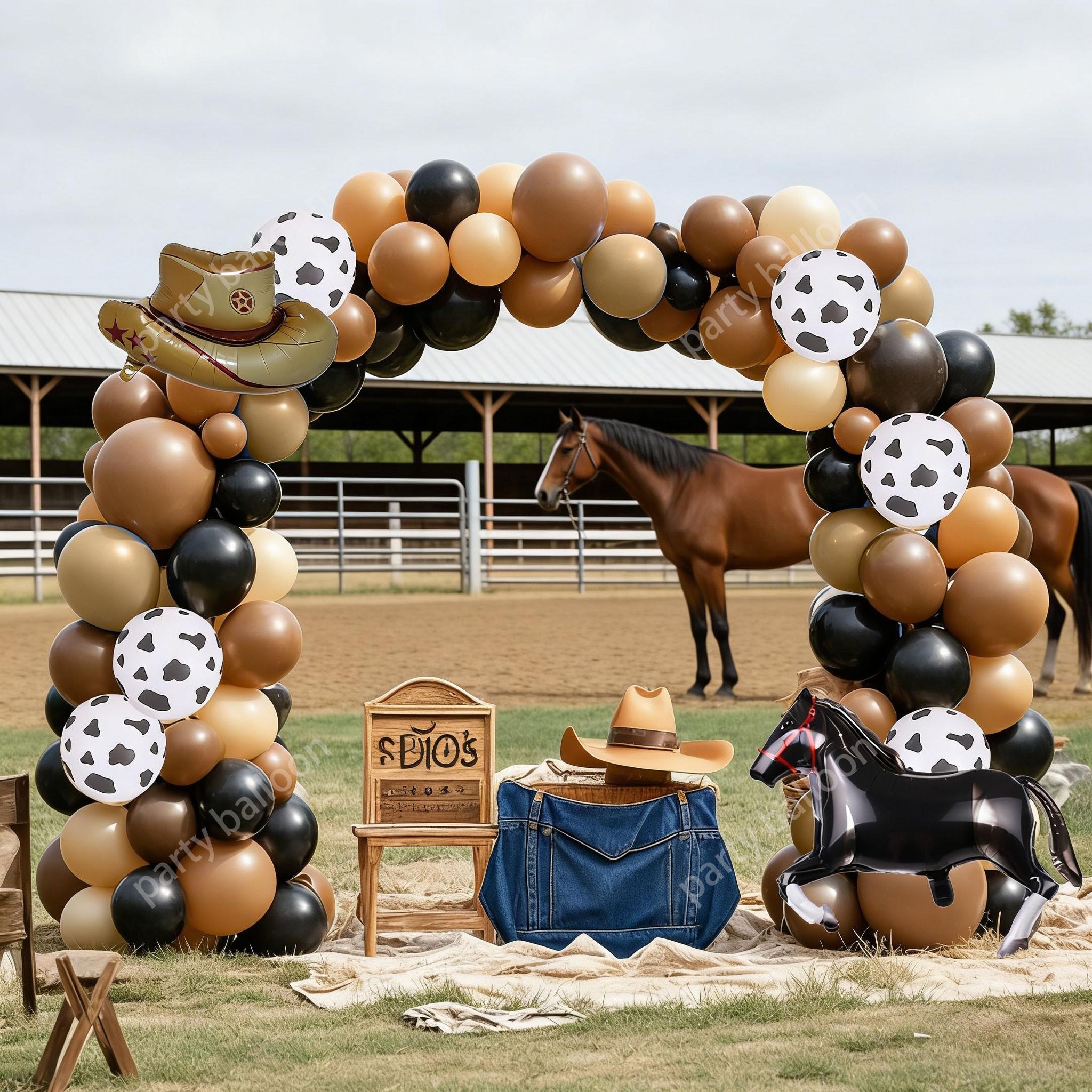 Western Cowboy Farm Theme Balloon Arch Set, 142 Pieces, Latex Balloons, Cow Hat, Horse Balloons, Party Decorations