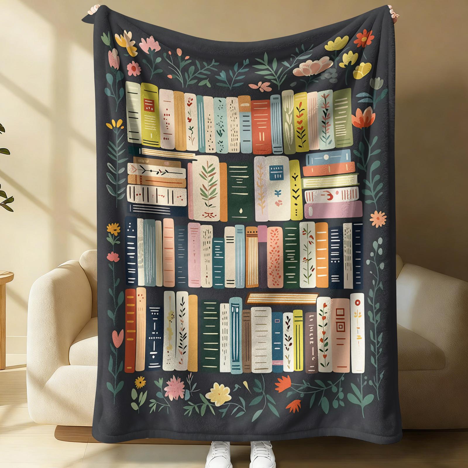 Bookish Floral Bookshelf Print Flannel Blanket, Aesthetic Botanical Warm Throw Blanket, Soft Cozy Nap Gift Blanket, Lightweight Decor Blanket for Couch Bed, All-Purpose Perfect Gift for Family and Friends