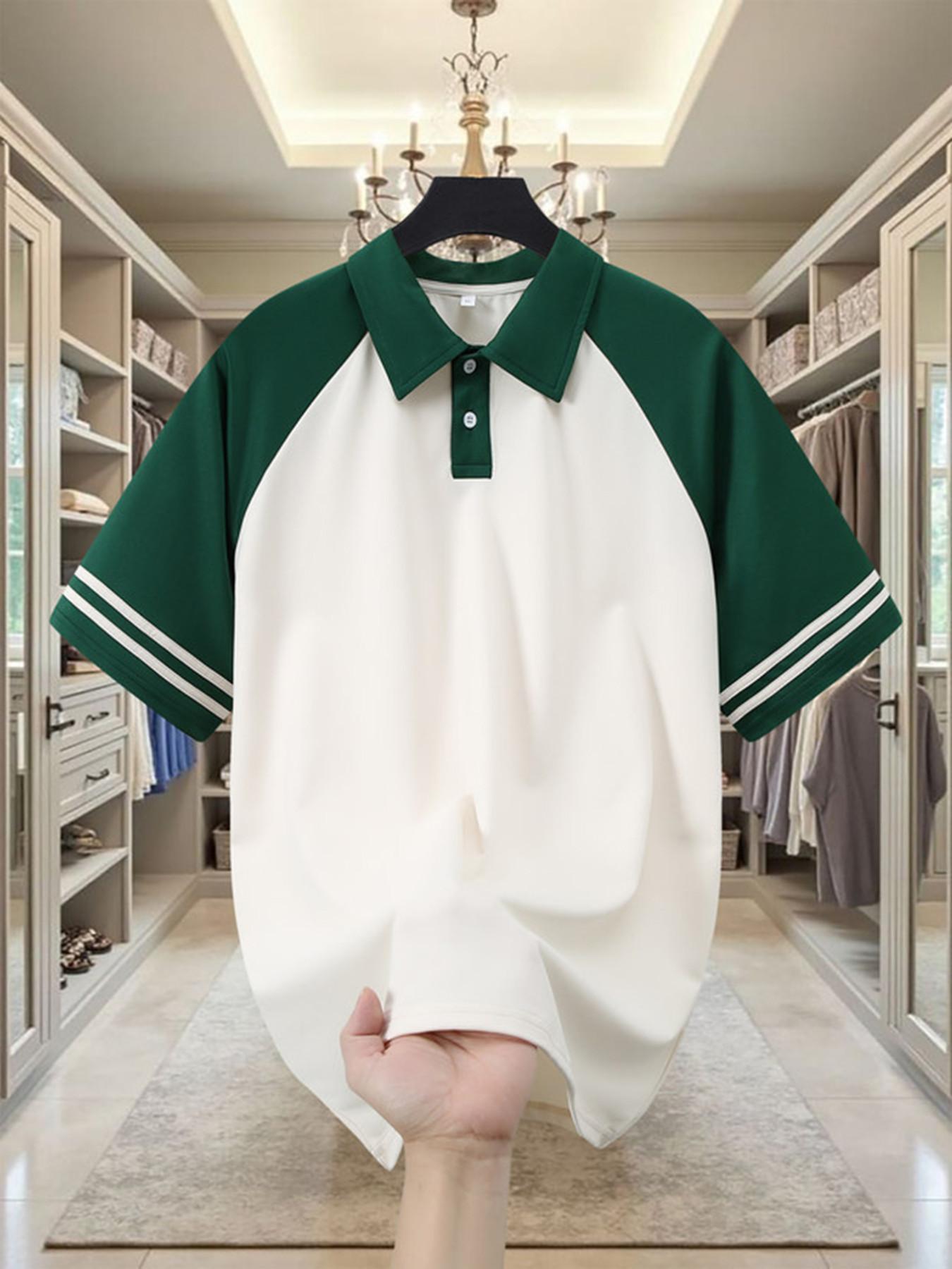 American Vintage Colorblock Shoulder Pad Polo Shirt, College Style Striped Short Sleeve, Casual Sporty Contrast Top, Unisex Loose Fit