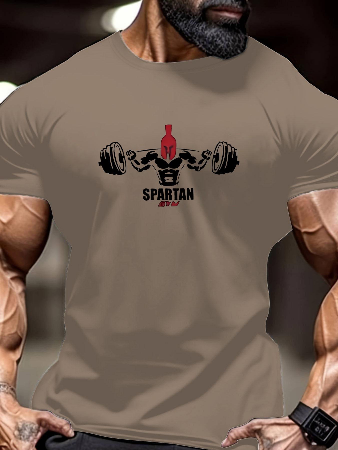 Men's Regular Fit Spartan Print Round Neck Tee, Casual Short Sleeve Crew Neck T-Shirt for Summer, Fashion Men's Top for Gym Workout Running Athletic Style Activewear Clothing