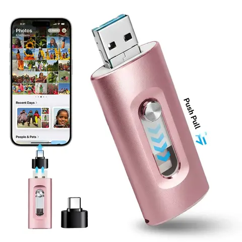 MFi Certified 4 in 1 Flash Drive, Portable High Speed USB 3.0 Memory Storage, OTG Flash Pen Drive with Free Type C Adapter for Android Phones/PC and More Devices, Boyfriend Gift, External Storage