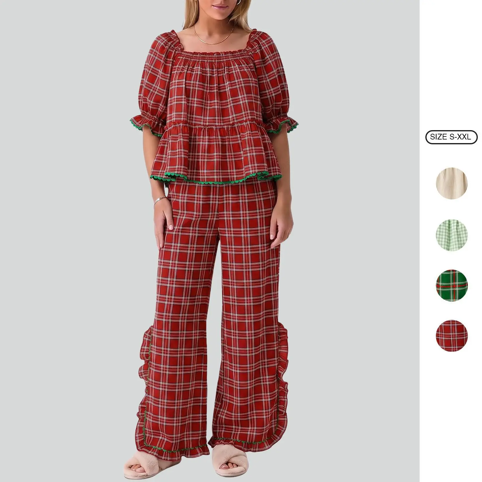 Imily Bela Women Plaid Ruffle Two Piece Pajama Sets Square Neck Puff Short Sleeve Crop Top Wide Leg Pants Matching Loungewear Imily Bela Women Plaid Ruffle Two Piece Pajama Sets Square Neck Puff Short Sleeve Crop Top Wide Leg Pants Matching Loungewear
