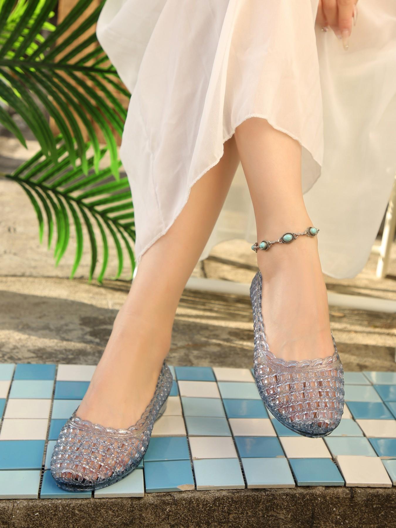 Women's Summer Jelly Shoes, Breathable Hollow Out Design, Lightweight Transparent Sandals, Soft Comfortable Casual Flat Footwear for Women