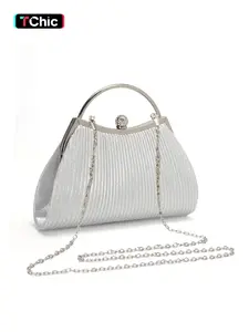 Elegant pleated texture evening clutch handbag, women's clutch, with detachable shoulder strap for crossbody carry, wallet, studded round clasp, perfect for weddings, parties, banquets