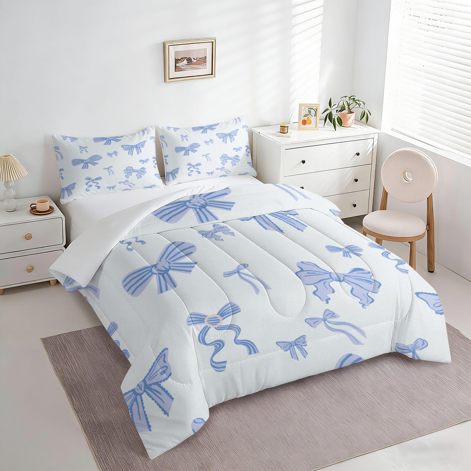 2/3Pcs Black Bow Print Comforter Set, Soft Microfiber Bedding Set with Pillowcases, Coquette Aesthetic Quilt, All Season Lightweight Digital Printed Bed Set for Girls Teens Bedroom Decor