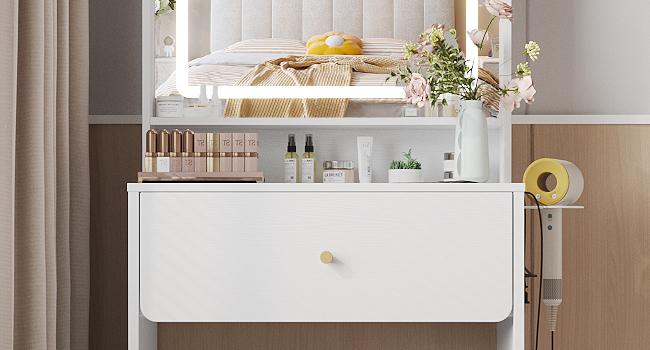 Vabches Make Up Vanity Desk with Mirror and Lights, White/Pink Vanity Table Set with Charger Station,Girls Small Vanity