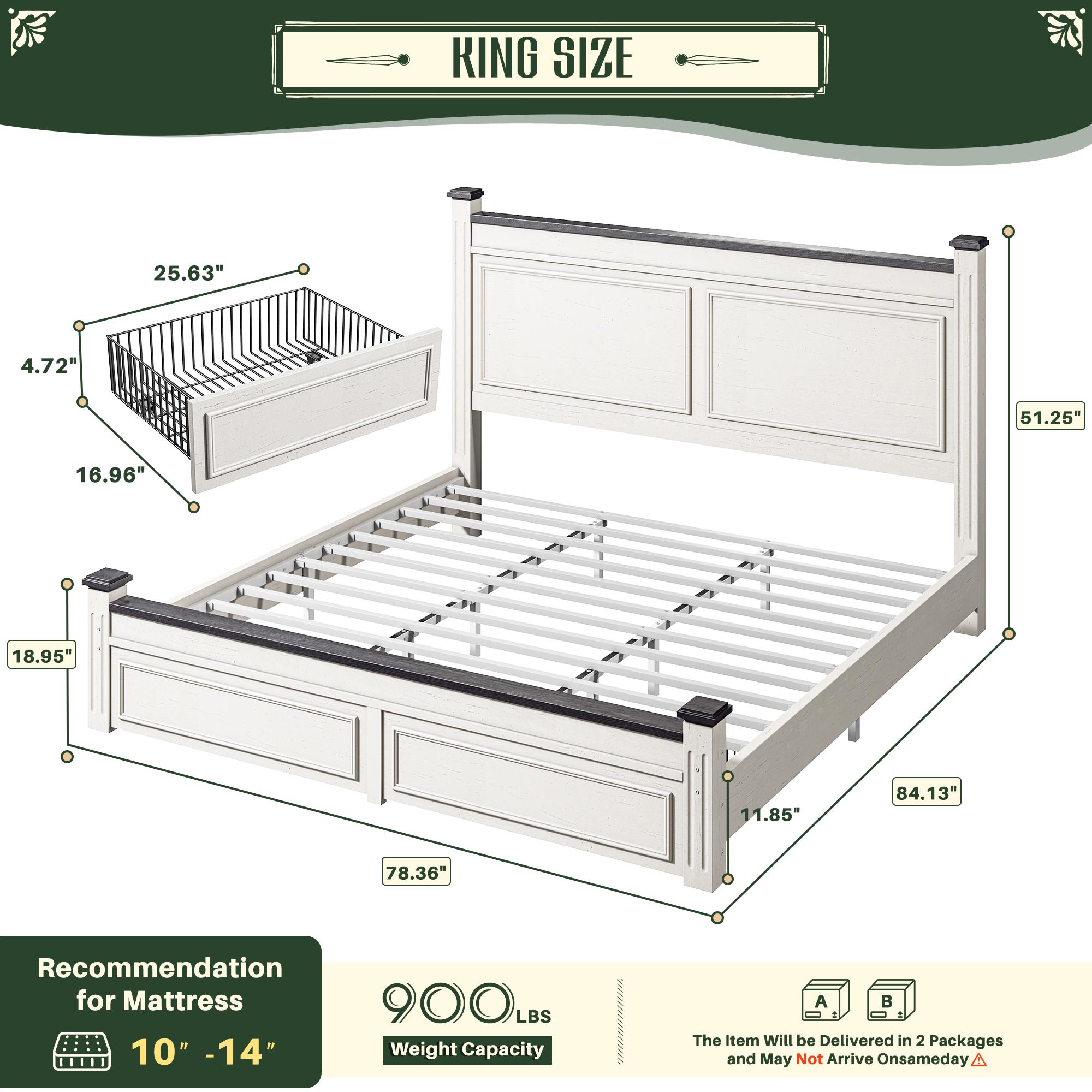 Raybee Wooden Bed Frames for Queen Size, King Bed Frame with 2 Drawers & 51.25" H Tall Headboard,Modern style Solid Wood Bed Frame/Durability& Silent /No Box Spring Required/Easy Assembly/Luxury Bedroom Furniture Design