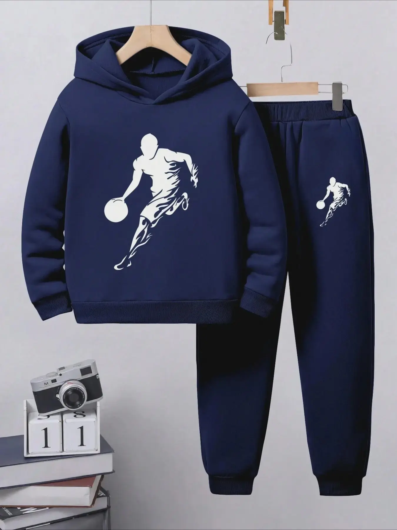 Boys' Trendy Hooded Sweatshirt and Long Pants Set, Sporty Silhouette Print Design, Casual Fashion for All Seasons