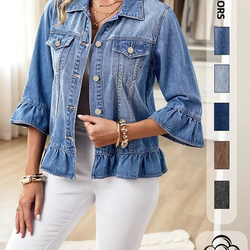 【Black Friday】Women's Vintage Ruffle Washed Denim Jacket, Lightweight Short Top, Casual Fashion Female Jacket #GLOBAL PICKS