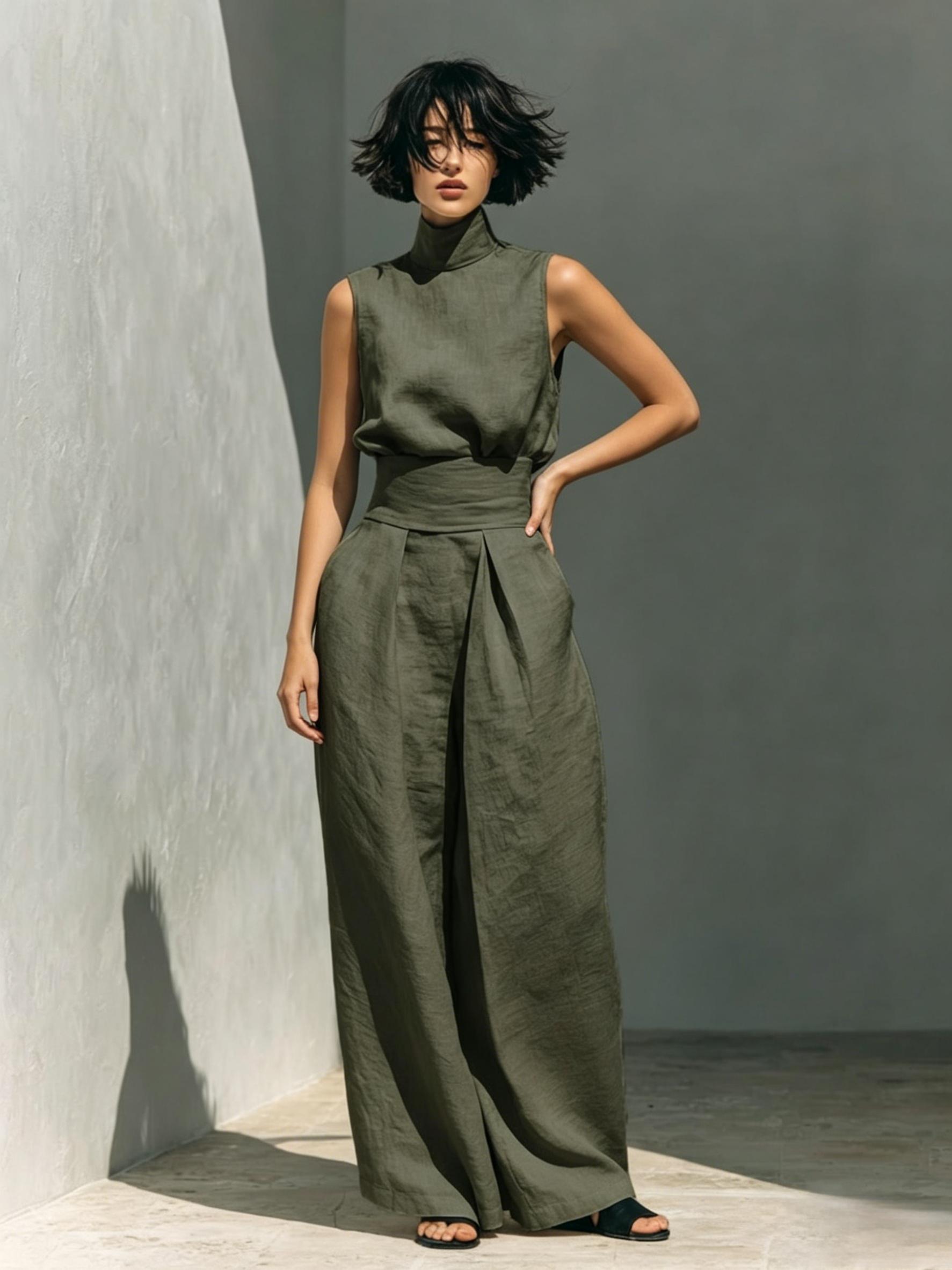 D2110 Solid Color High Neck Athleisure Two Piece Set For Women Elegant Sleeveless Top Matching Flowy Drape Wide Leg Pants Pockets Classic Old Money Aesthetic Casual Everyday Co Ord Outfit Clothes