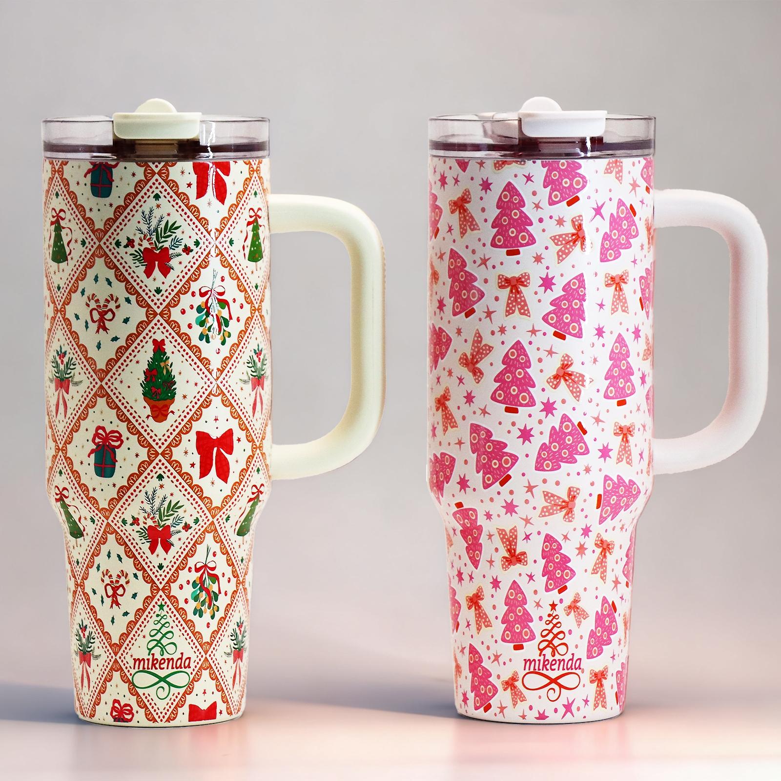 1 Pc 40oz insulated thermal mug with handle, double wall leak-proof vacuum cup, pink Christmas tree and bow pattern, festive cute holiday design, keeps hot 12 h/cold 24 h, large capacity tumbler for hot cold drinks, Thermos Cup, Thermal Flask
