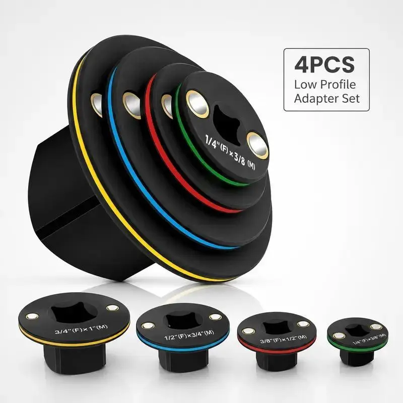 Low Profile Magnetic Impact Socket Adapter Set, 4PCS Cr-Mo Steel Drive Reducer Kit (1/4" to 3/8", 3/8" to 1/2", 1/2" to 3/4", 3/4" to 1"), Heavy Duty Ratchet Adapter for Tight Spaces, Secure Fit & Quick Swap