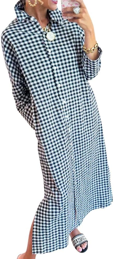 Women's Casual Loose Button Down Plaid Shirt Dress Long Sleeve Side Slit Cotton Gingham Maxi Dress