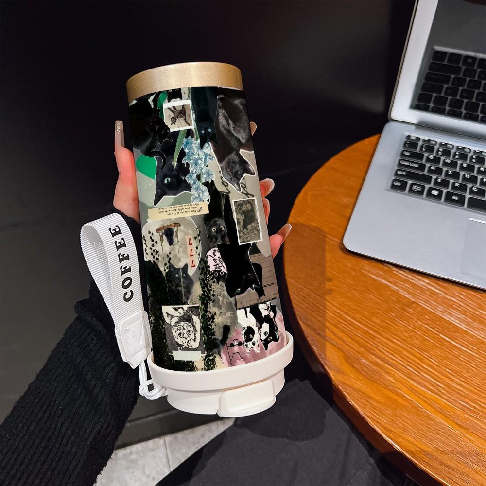 Abstract Cat Texture Coffee Cup, Portable Dual Drink Insulated Tumbler, Heat/cool Keeper, Boho Style, Office, Travel, Outdoor Essential