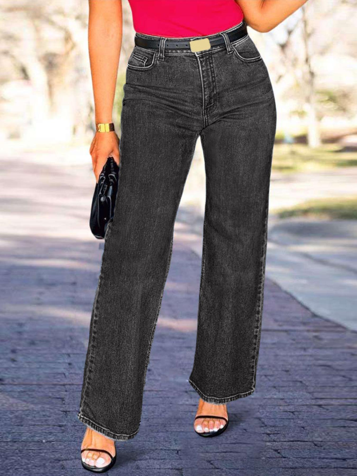 Women's High-Waisted Loose Fit Denim Jeans, Stretchy Fabric Casual All-Season Wear, Fashionable Straight Leg Jeans for Dating & Leisure