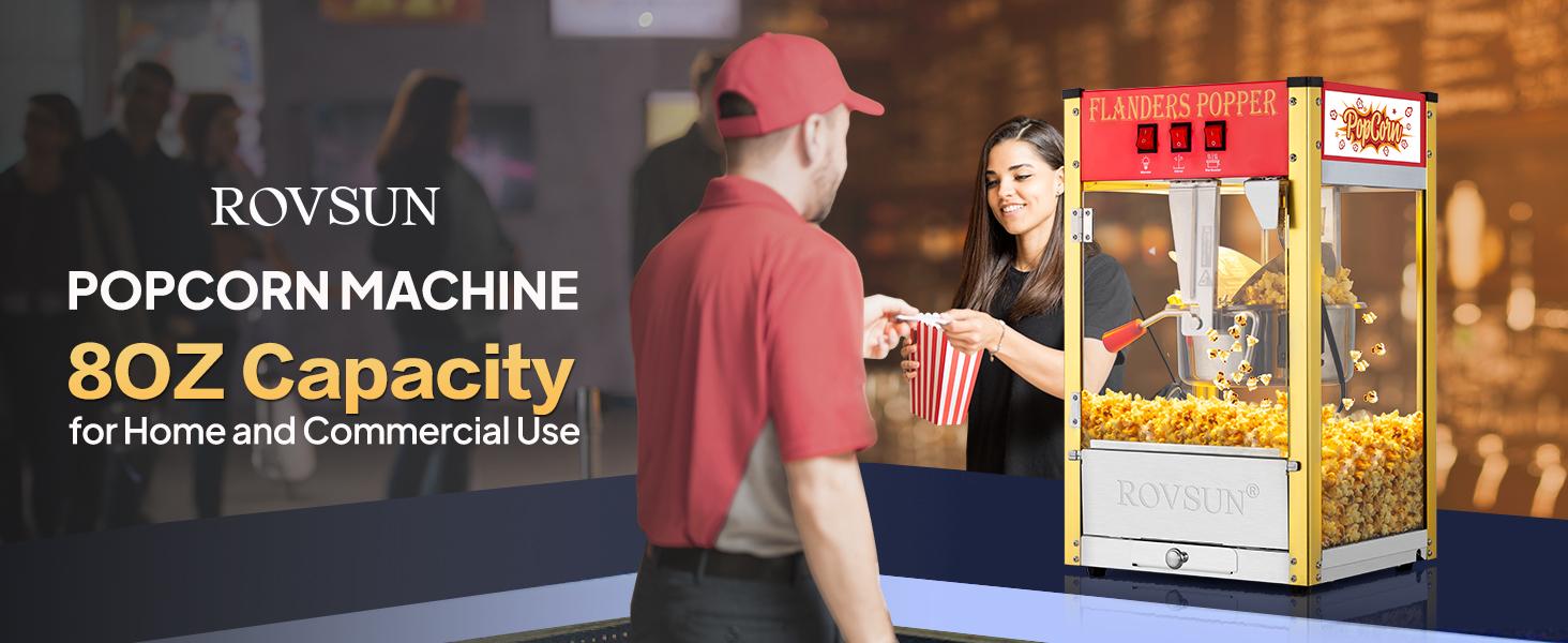 ROVSUN Popcorn Machine with 8/10/12/16 Ounce Kettle Makes Up to 32 Cups, Commercial Popcorn Machine Countertop Popcorn Maker w/Stainless Steel Scoop, Oil Spoon & 3 Popcorn Cups for Home Movie Theater