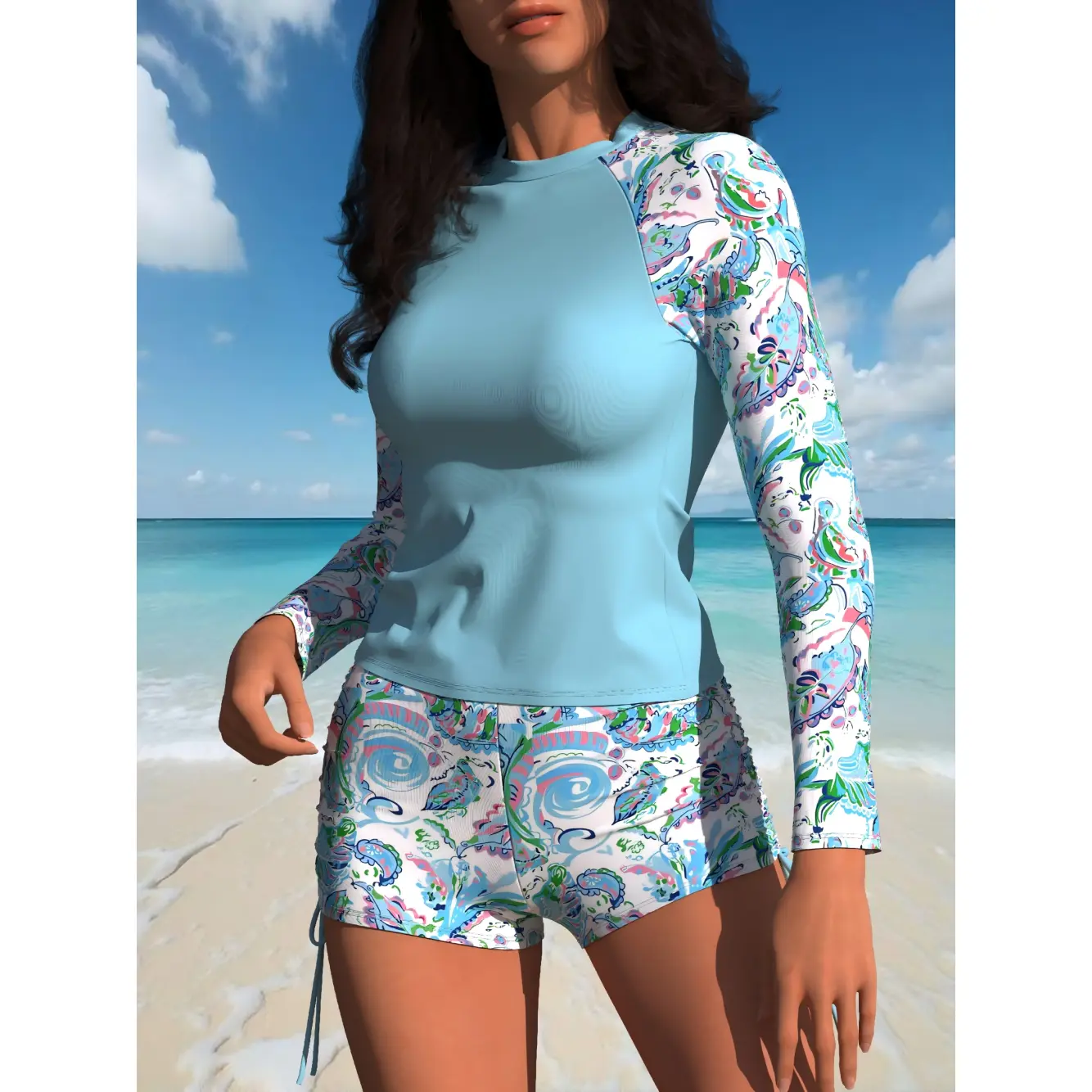 Women 2‑Piece Rash Guard Set Long Sleeve Swim Top Drawstring Short Swimwear