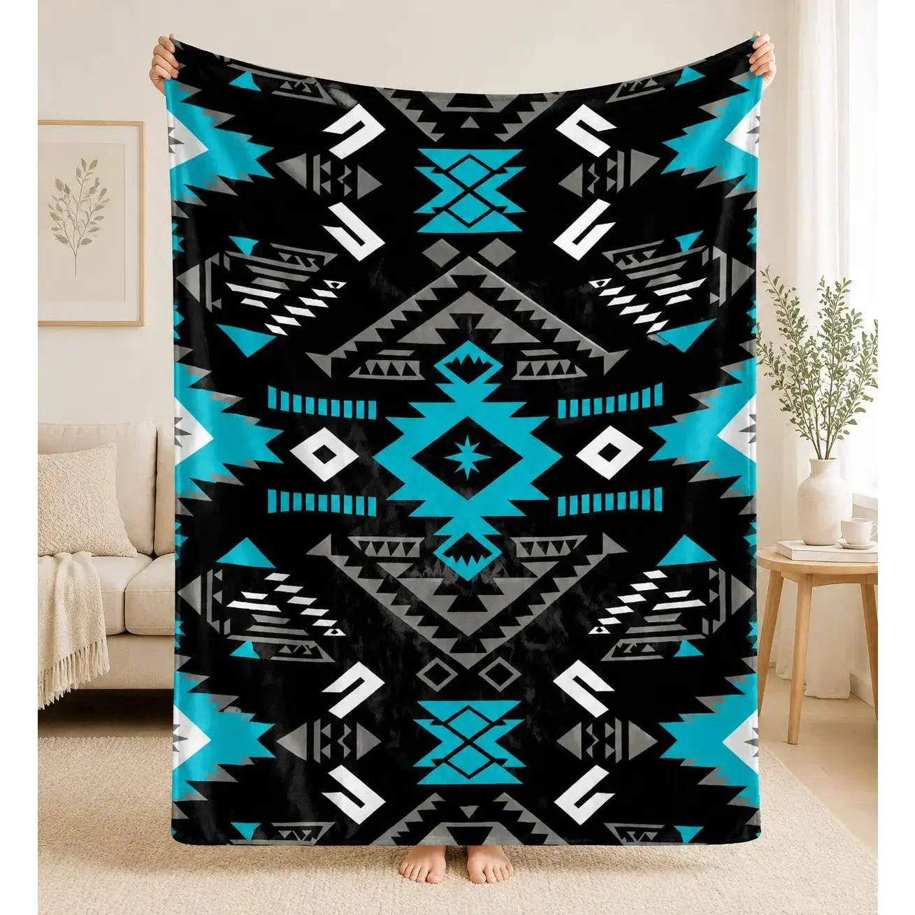 Boho Southwestern Throw Blanket - Black & Turquoise Aztec Geometric Fleece Blanket for Couch, Bed, Living Room & Camping